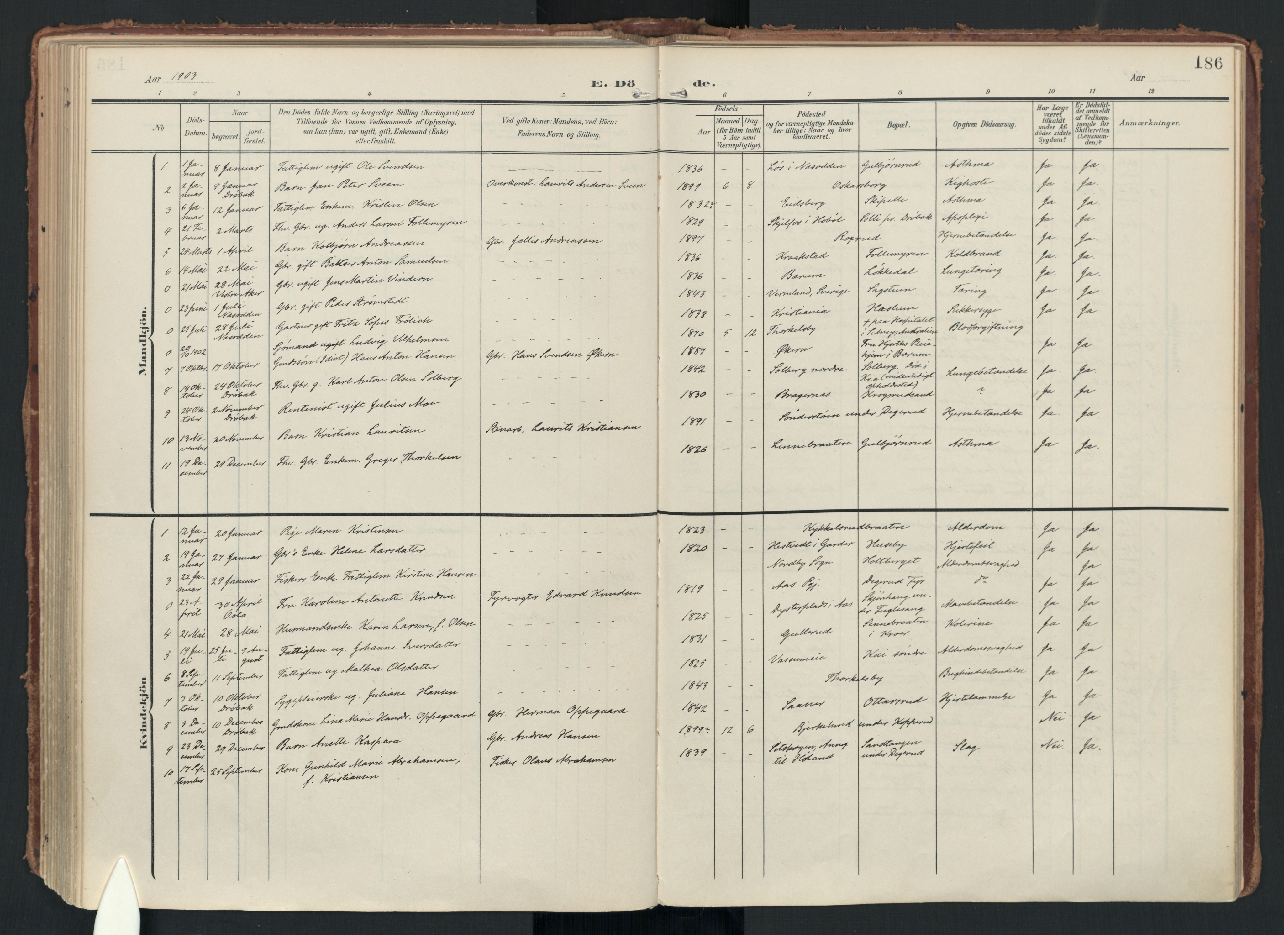 Drøbak prestekontor Kirkebøker, SAO/A-10142a/F/Fc/L0003: Parish register (official) no. III 3, 1901-1920, p. 186