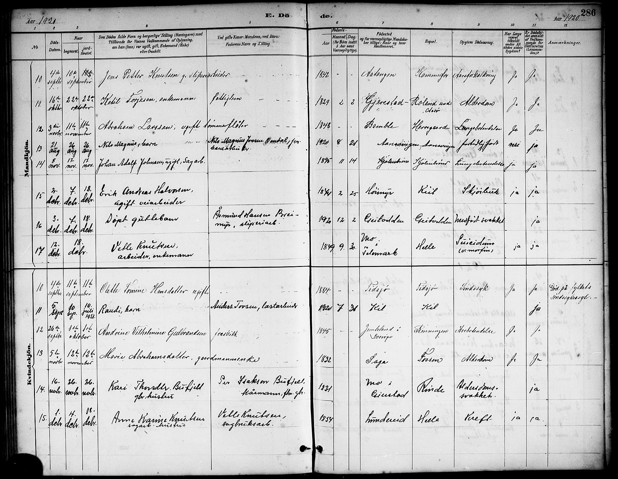 Sannidal kirkebøker, AV/SAKO-A-296/G/Ga/L0003: Parish register (copy) no. 3, 1887-1922, p. 286