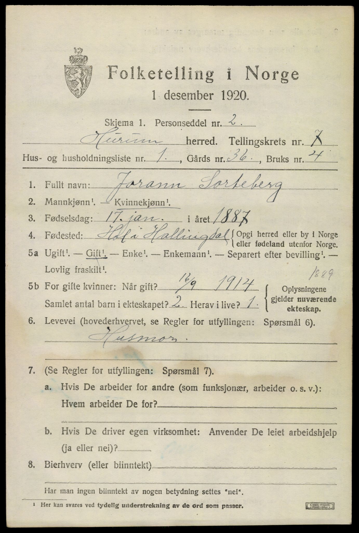 SAKO, 1920 census for Hurum, 1920, p. 8160