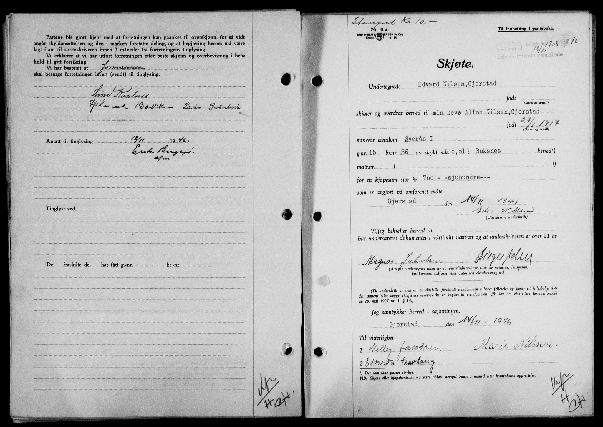 Lofoten sorenskriveri, SAT/A-0017/1/2/2C/L0015a: Mortgage book no. 15a, 1946-1947, Diary no: : 1708/1946