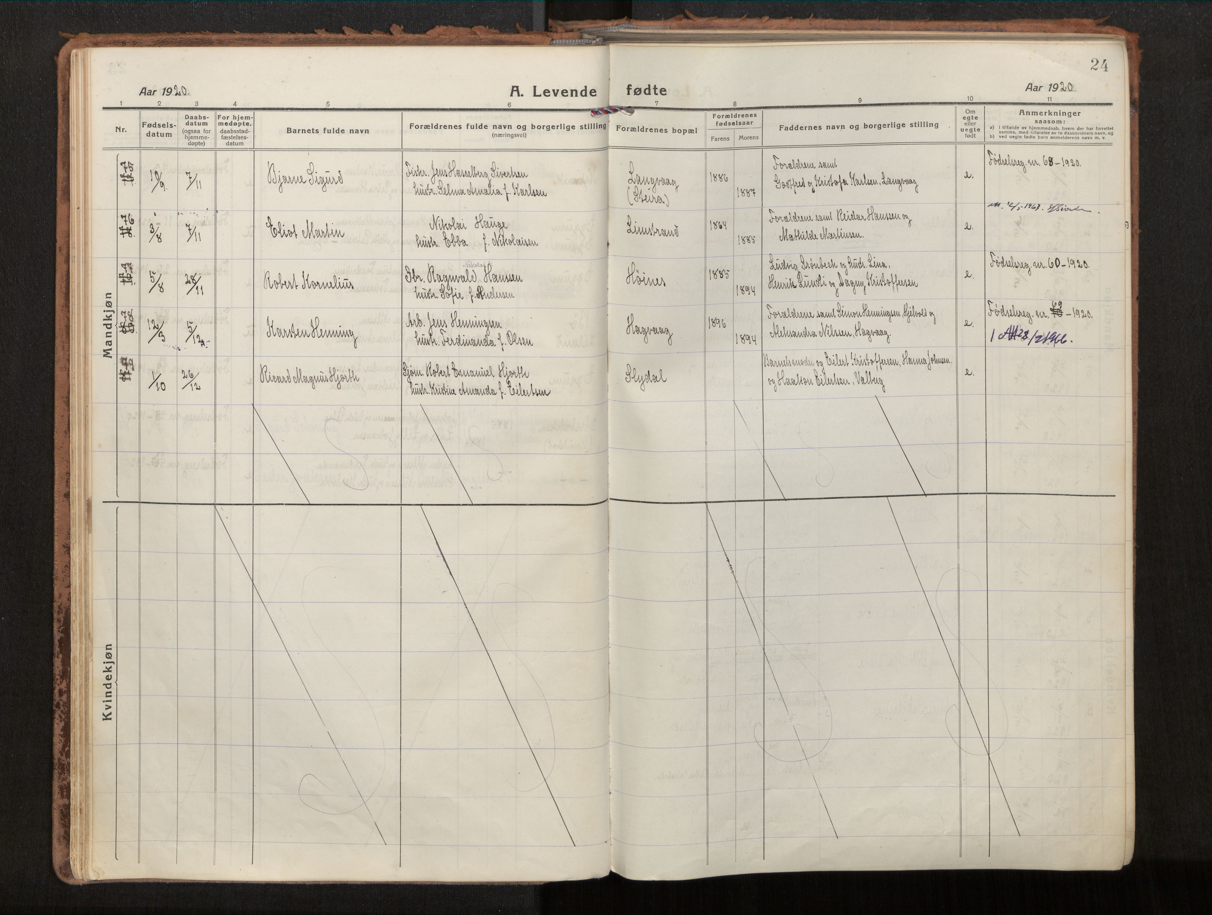 Ministerialprotokoller, klokkerbøker og fødselsregistre - Nordland, SAT/A-1459/880/L1136: Parish register (official) no. 880A10, 1919-1927, p. 24