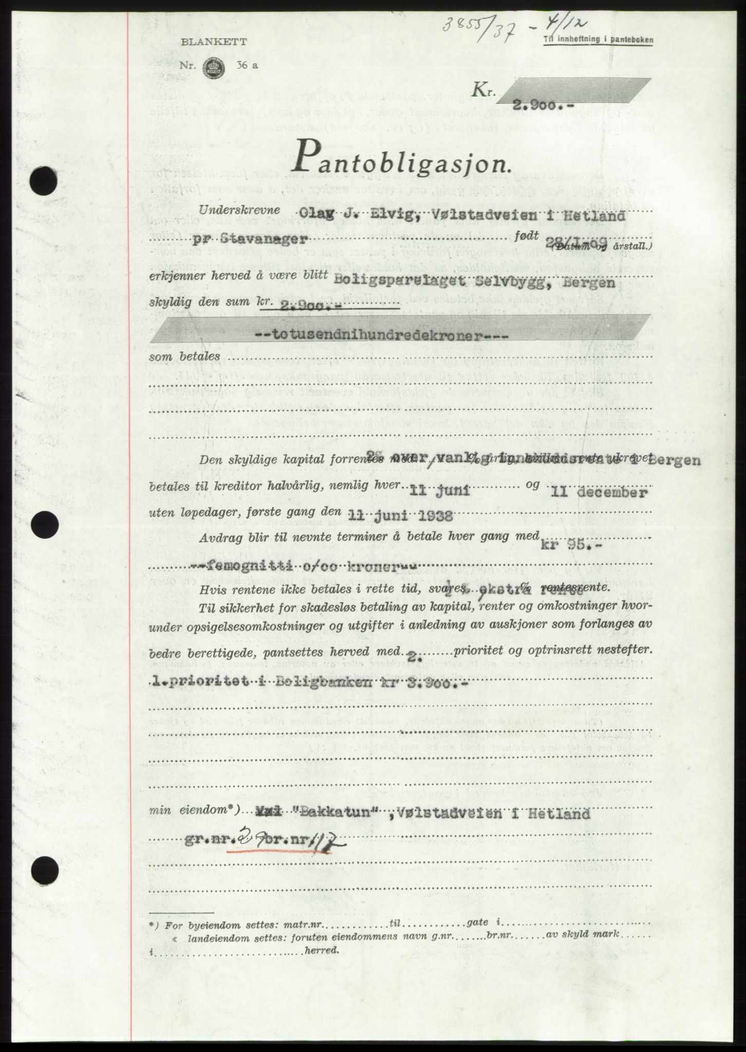 Jæren sorenskriveri, SAST/A-100310/03/G/Gba/L0069: Mortgage book, 1937-1937, Diary no: : 3855/1937