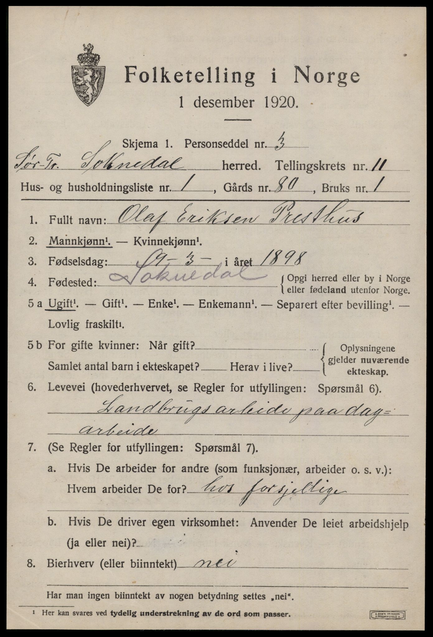 SAT, 1920 census for Soknedal, 1920, p. 4742