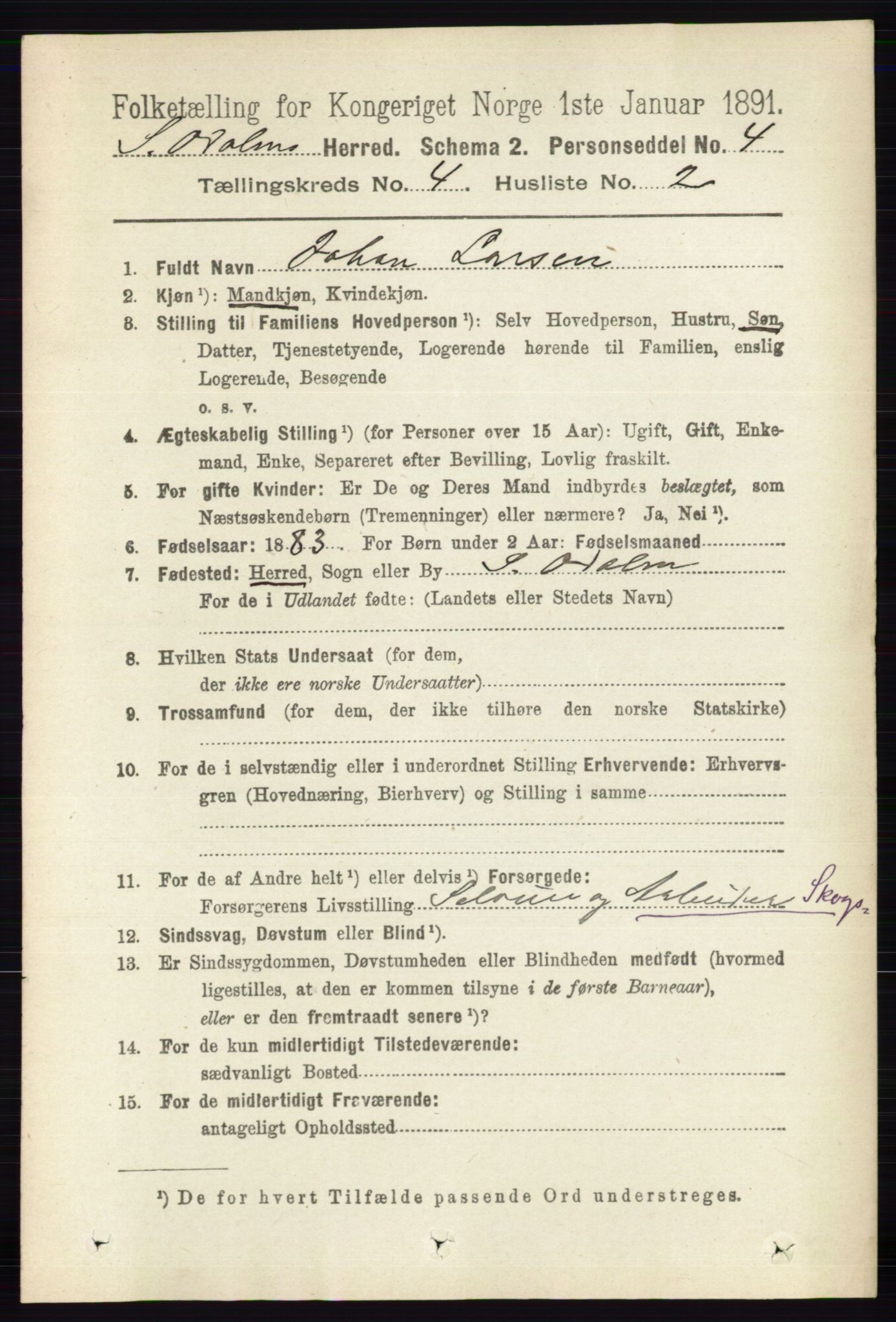 RA, 1891 census for 0419 Sør-Odal, 1891, p. 1749