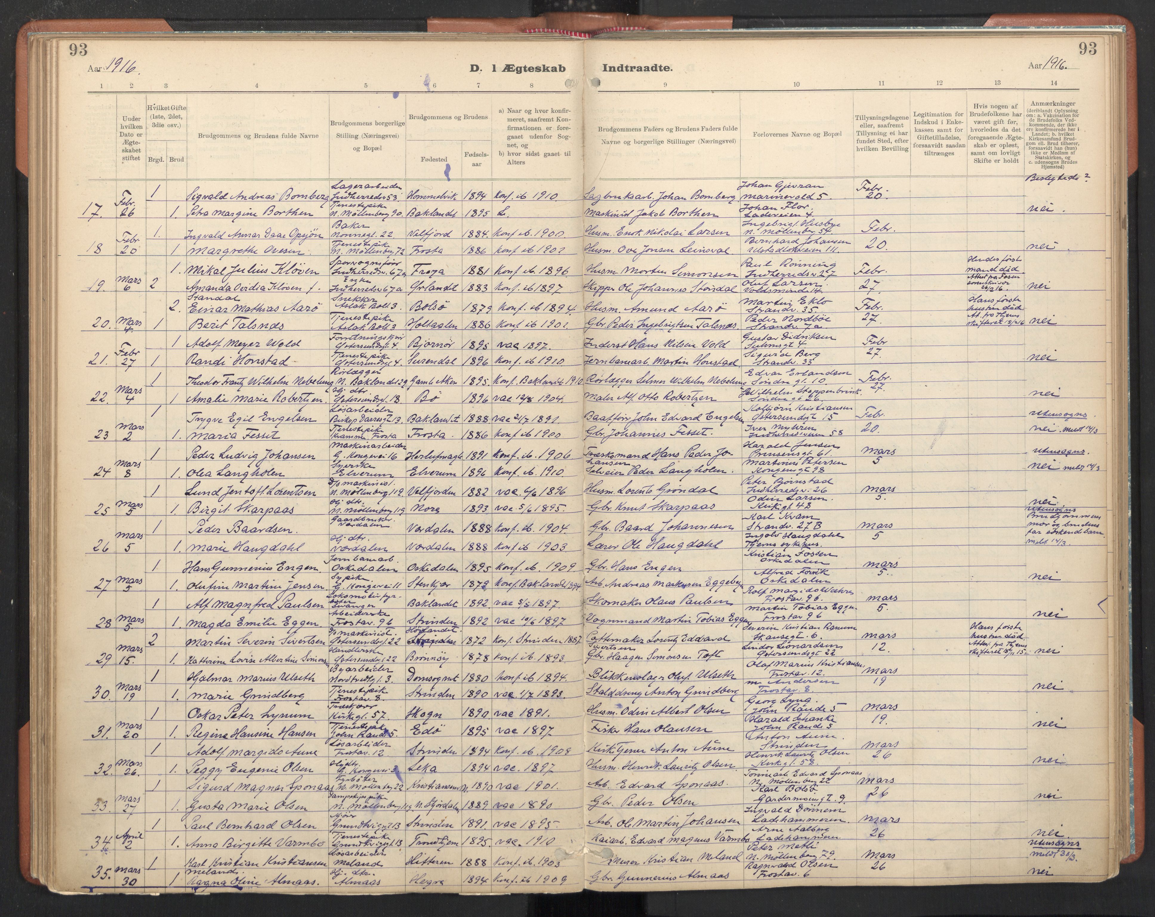 Ministerialprotokoller, klokkerbøker og fødselsregistre - Sør-Trøndelag, SAT/A-1456/605/L0244: Parish register (official) no. 605A06, 1908-1954, p. 93