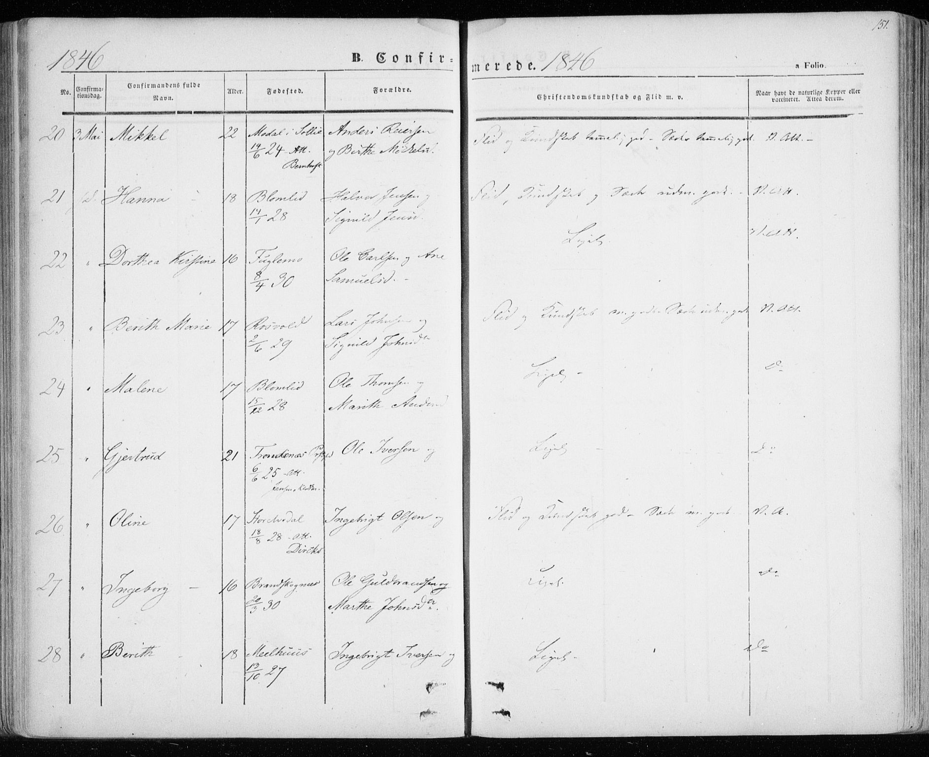 Lenvik sokneprestembete, AV/SATØ-S-1310/H/Ha/Haa/L0006kirke: Parish register (official) no. 6, 1845-1854, p. 151