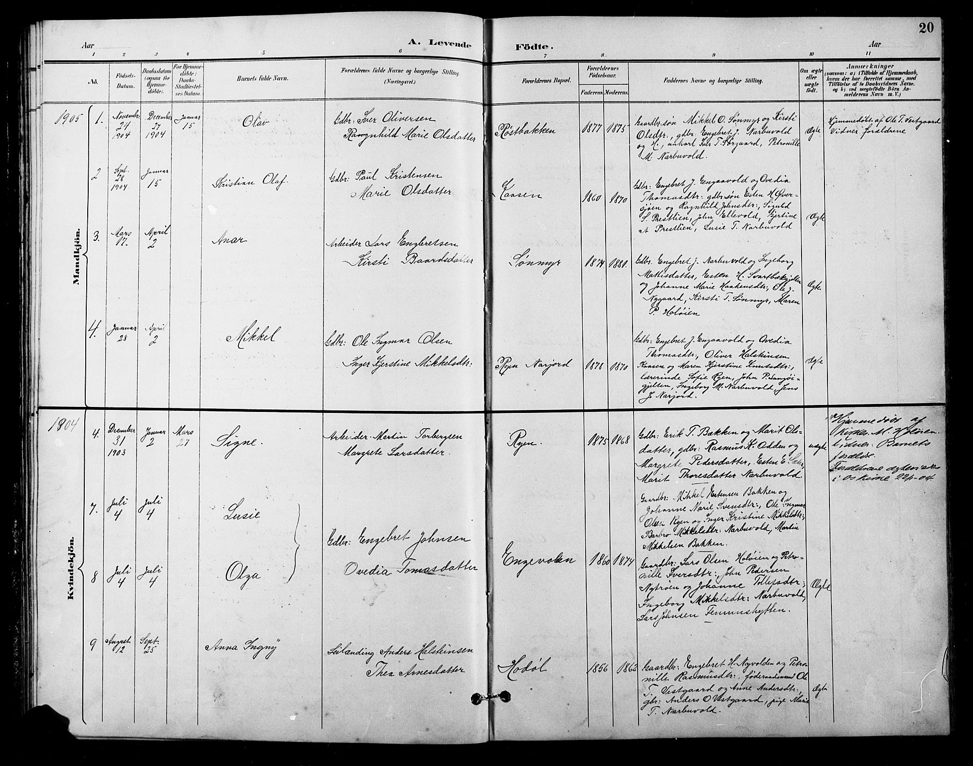 Tolga prestekontor, AV/SAH-PREST-062/L/L0011: Parish register (copy) no. 11, 1894-1925, p. 20