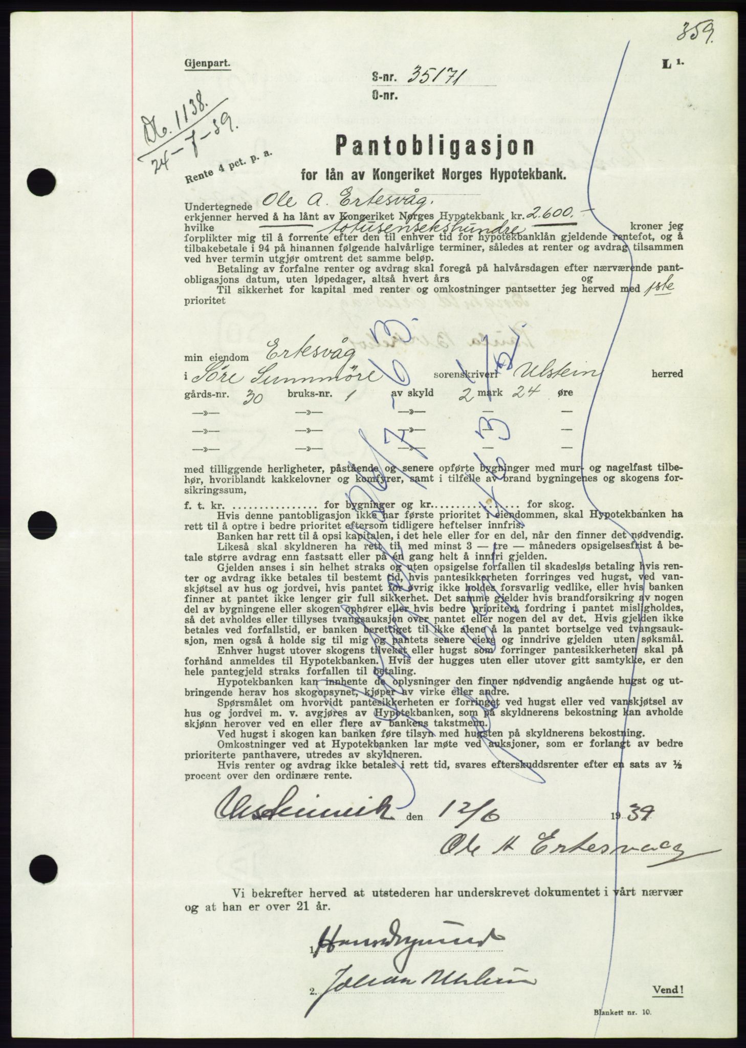 Søre Sunnmøre sorenskriveri, AV/SAT-A-4122/1/2/2C/L0068: Mortgage book no. 62, 1939-1939, Diary no: : 1138/1939