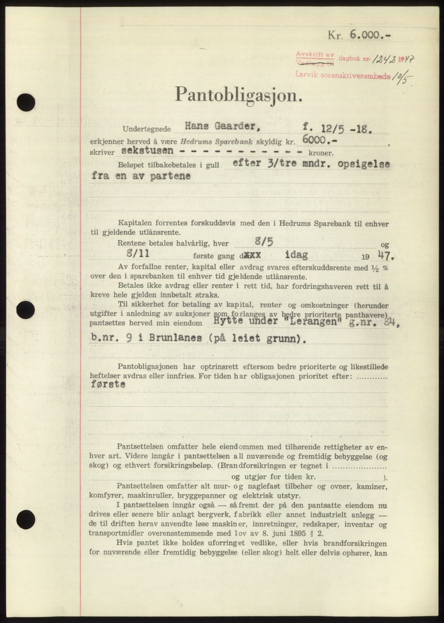 Larvik sorenskriveri, AV/SAKO-A-83/G/Ga/Gac/L0012: Mortgage book no. B-12, 1947-1947, Diary no: : 1242/1947