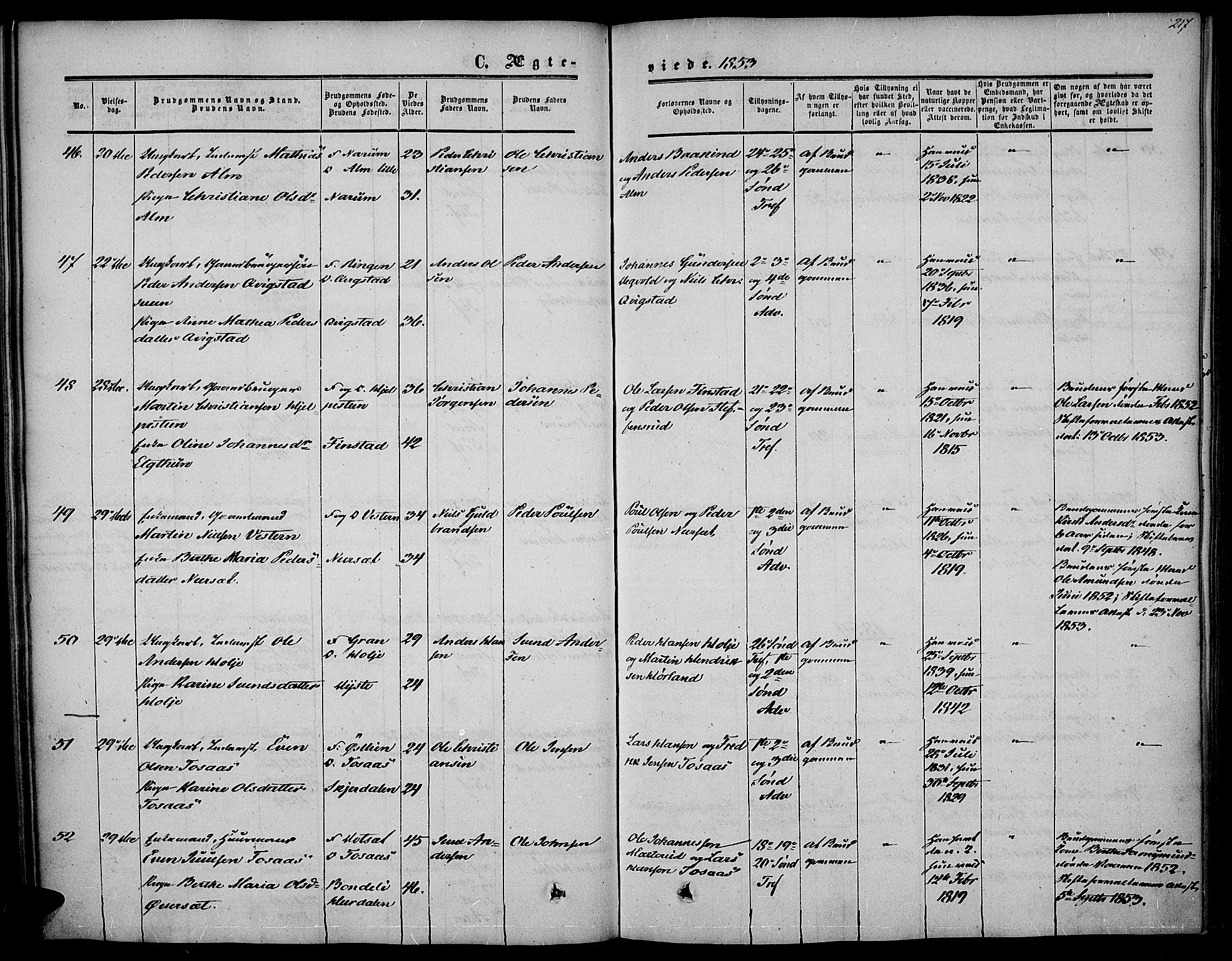 Vestre Toten prestekontor, SAH/PREST-108/H/Ha/Haa/L0005: Parish register (official) no. 5, 1850-1855, p. 217