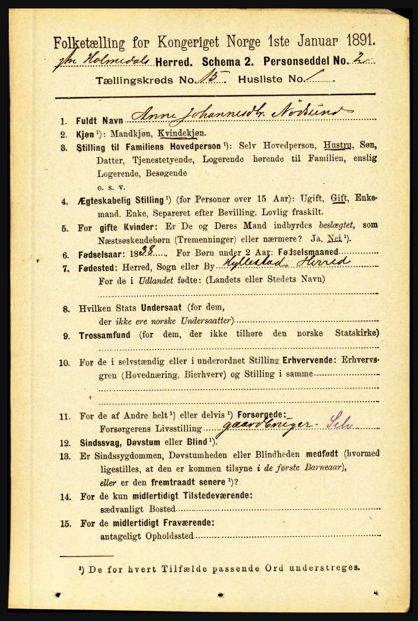 RA, 1891 census for 1429 Ytre Holmedal, 1891, p. 3990