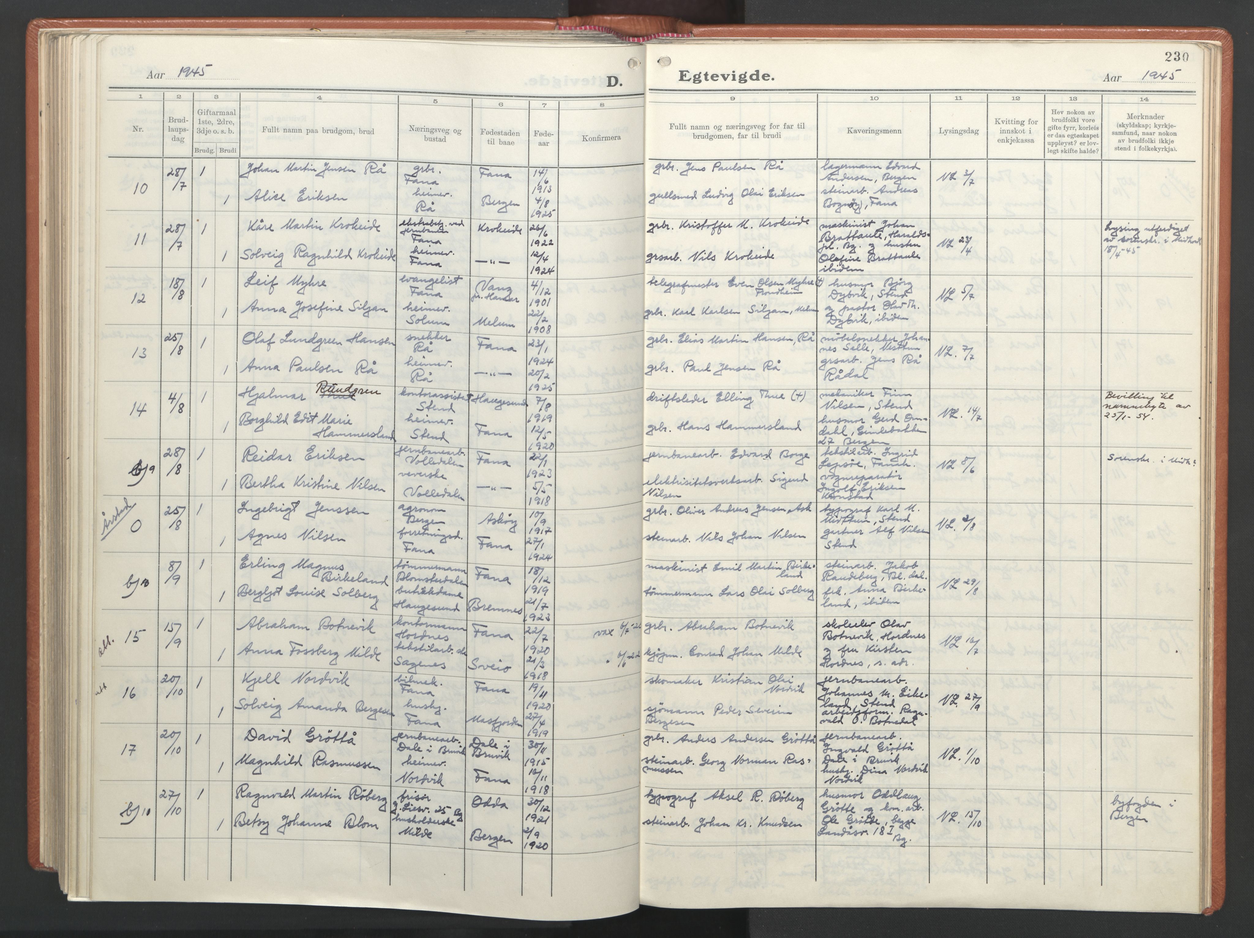 Fana Sokneprestembete, AV/SAB-A-75101/H/Haa/Haab/L0007: Parish register (official) no. B 7, 1934-1947, p. 230