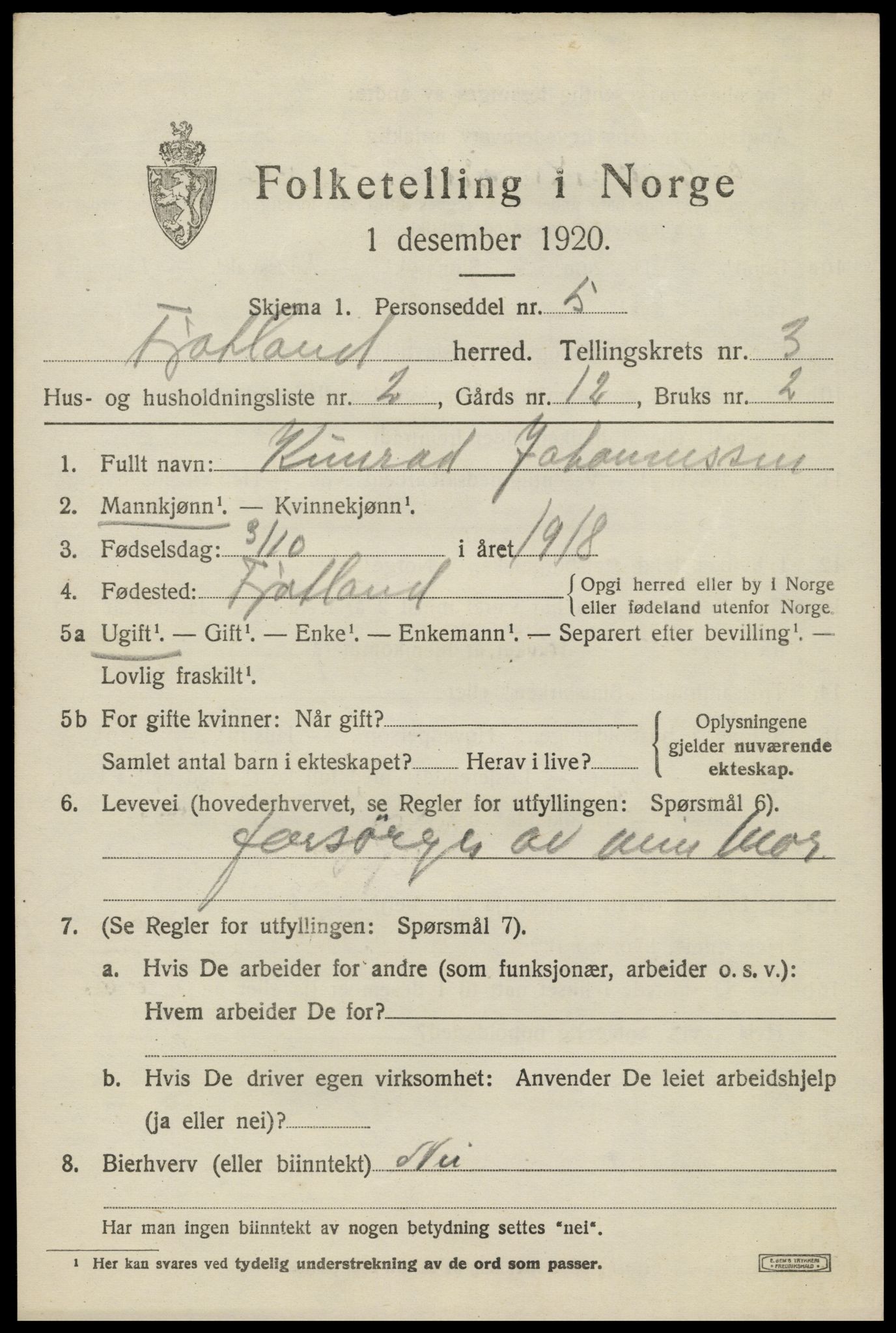 SAK, 1920 census for Fjotland, 1920, p. 950