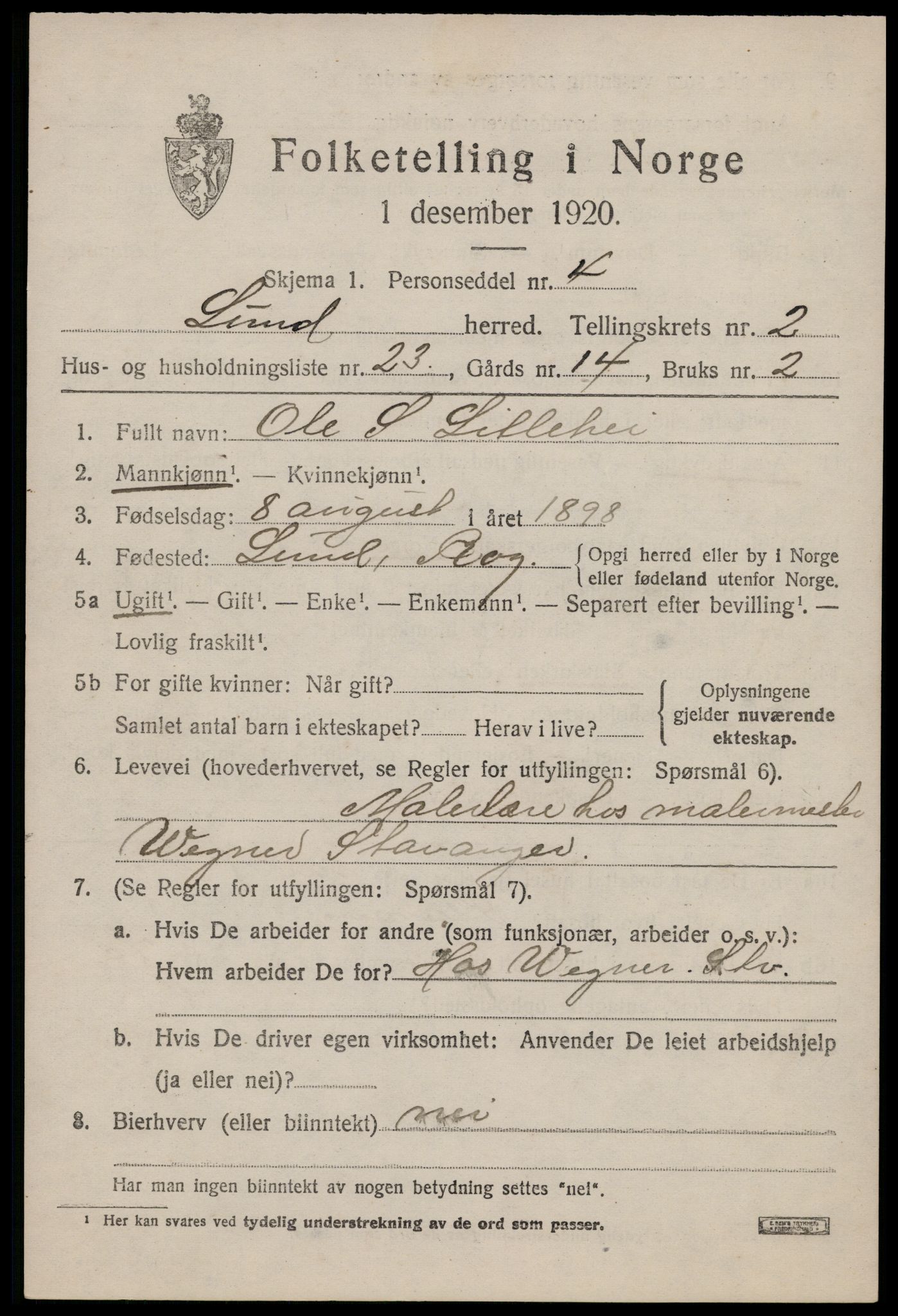 SAST, 1920 census for Lund, 1920, p. 1296