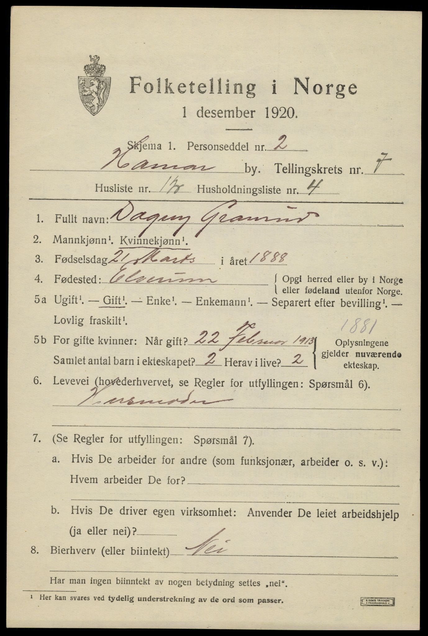 SAH, 1920 census for Hamar, 1920, p. 13027