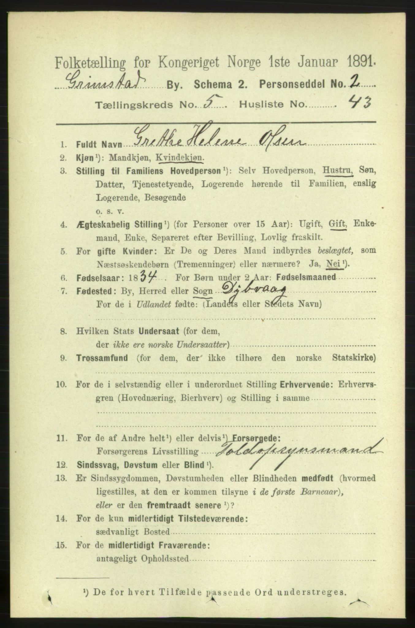 RA, 1891 census for 0904 Grimstad, 1891, p. 3367