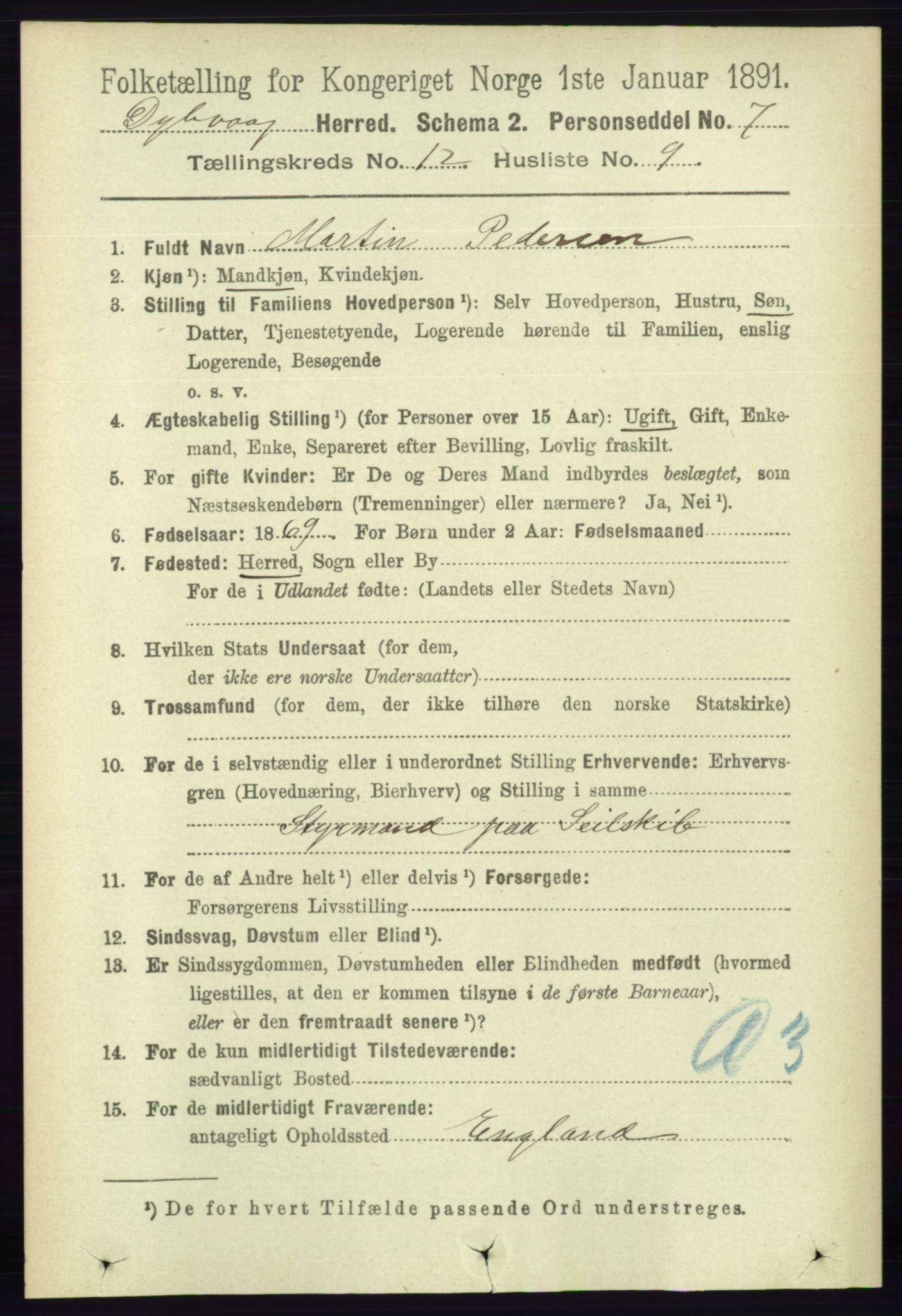 RA, 1891 census for 0915 Dypvåg, 1891, p. 4789