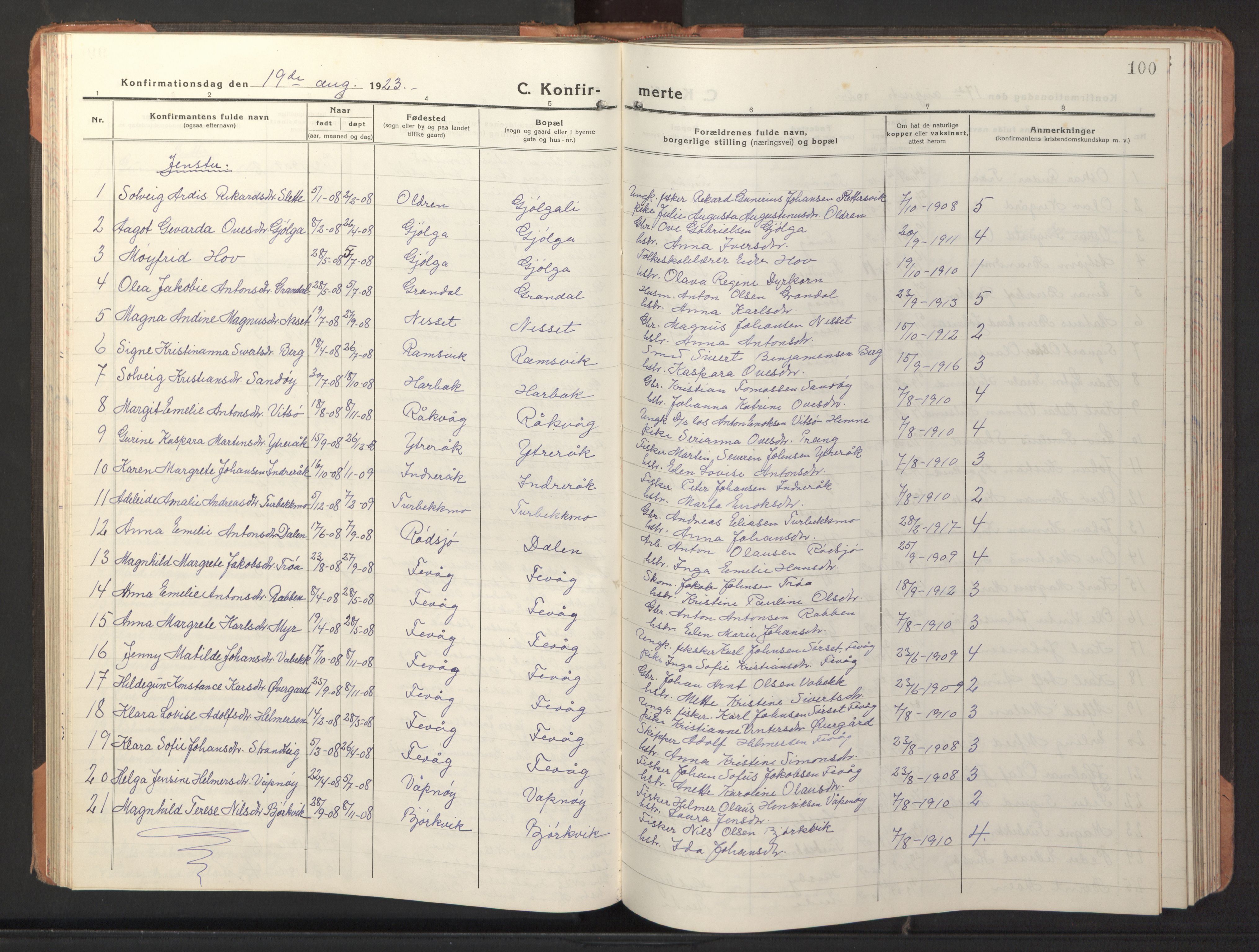 Ministerialprotokoller, klokkerbøker og fødselsregistre - Sør-Trøndelag, SAT/A-1456/653/L0658: Parish register (copy) no. 653C02, 1919-1947, p. 100