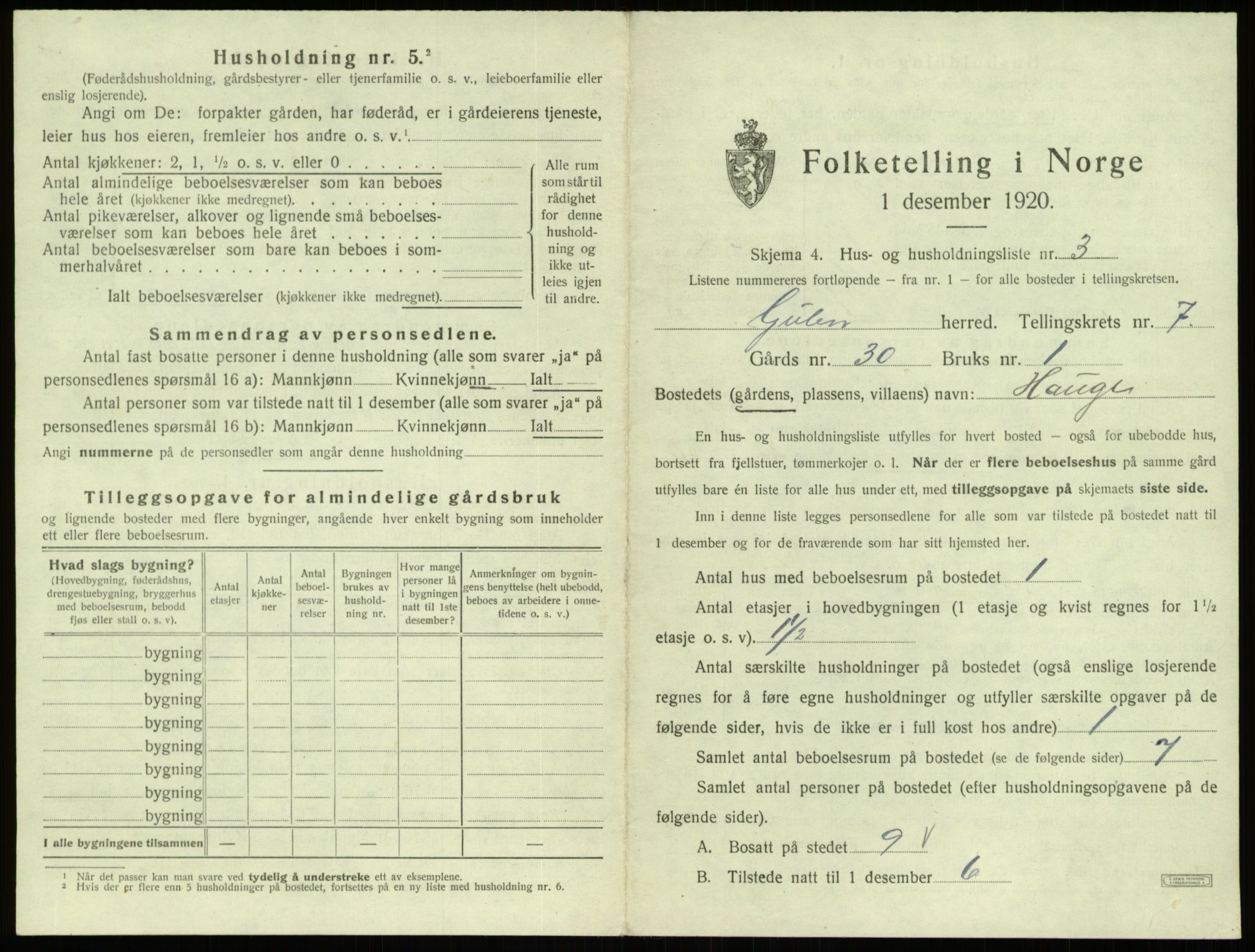 SAB, 1920 census for Gulen, 1920, p. 406