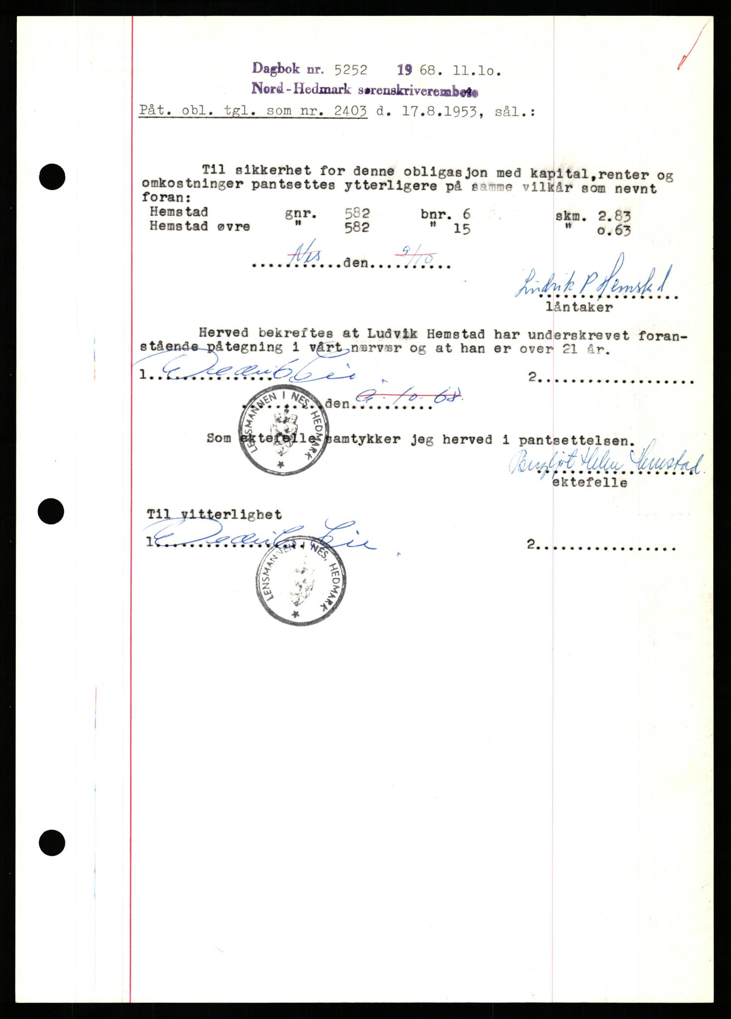 Nord-Hedmark sorenskriveri, SAH/TING-012/H/Hb/Hbf/L0077: Mortgage book no. B77, 1968-1969, Diary no: : 5252/1968
