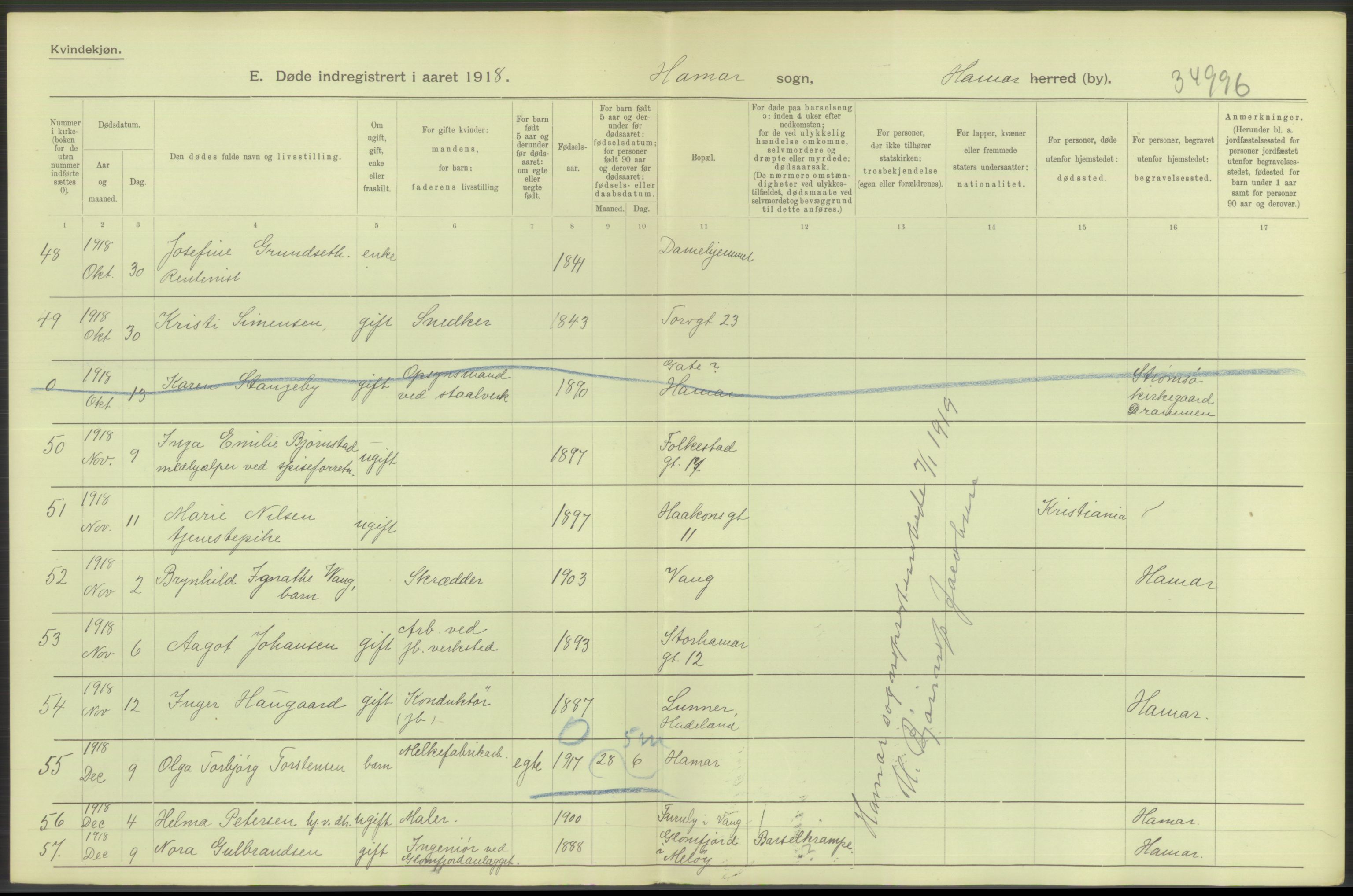 Statistisk sentralbyrå, Sosiodemografiske emner, Befolkning, AV/RA-S-2228/D/Df/Dfb/Dfbh/L0014: Hedemarkens fylke: Døde. Bygder og byer., 1918, p. 32