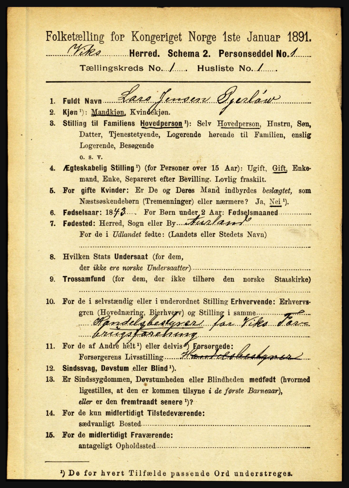 RA, 1891 census for 1417 Vik, 1891, p. 133