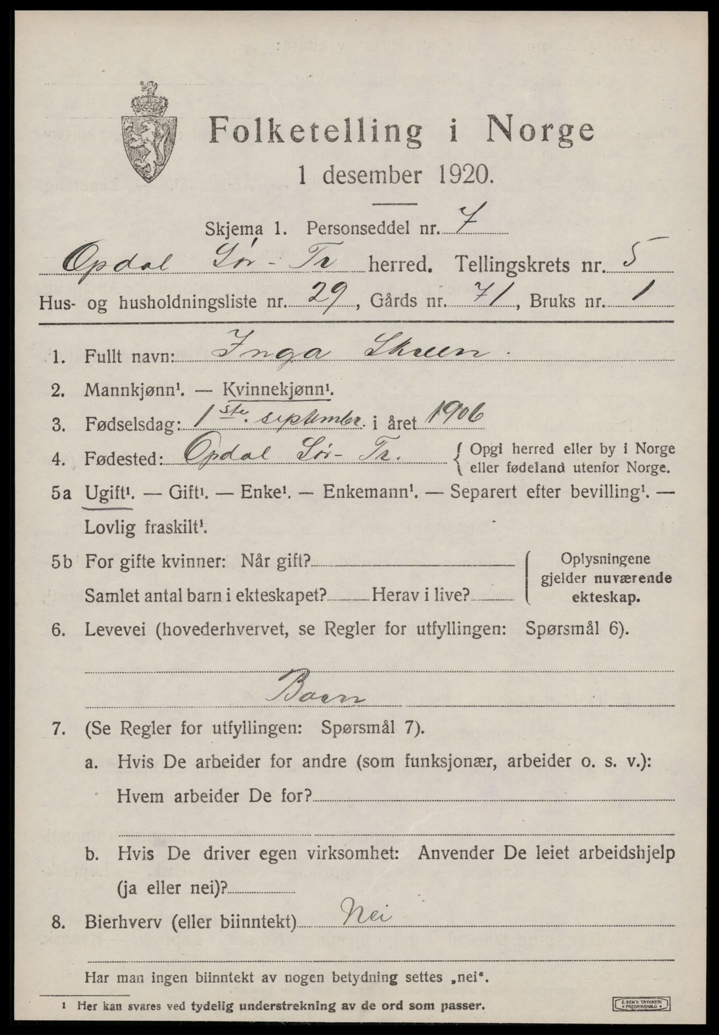 SAT, 1920 census for Oppdal, 1920, p. 5293