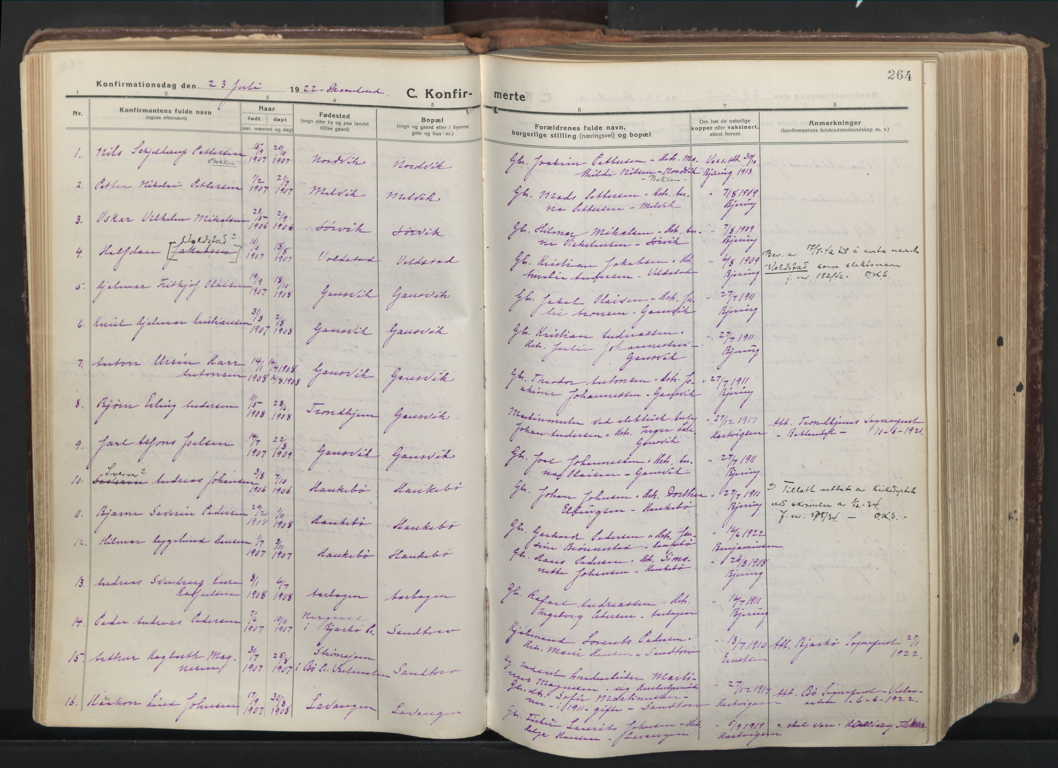 Trondenes sokneprestkontor, AV/SATØ-S-1319/H/Ha/L0019kirke: Parish register (official) no. 19, 1919-1928, p. 264