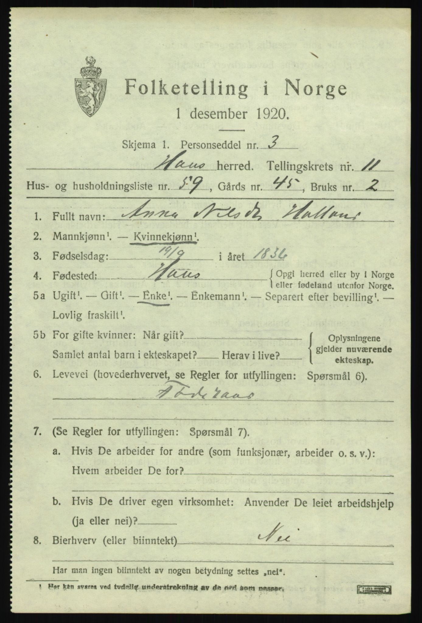 SAB, 1920 census for Haus, 1920, p. 7421