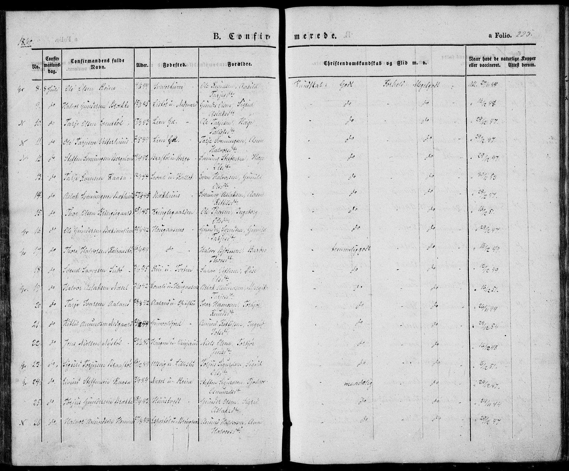 Vinje kirkebøker, SAKO/A-312/F/Fa/L0004: Parish register (official) no. I 4, 1843-1869, p. 225