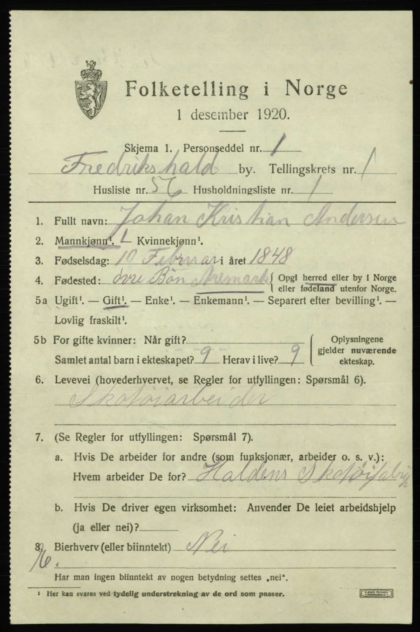 SAO, 1920 census for Fredrikshald, 1920, p. 9165