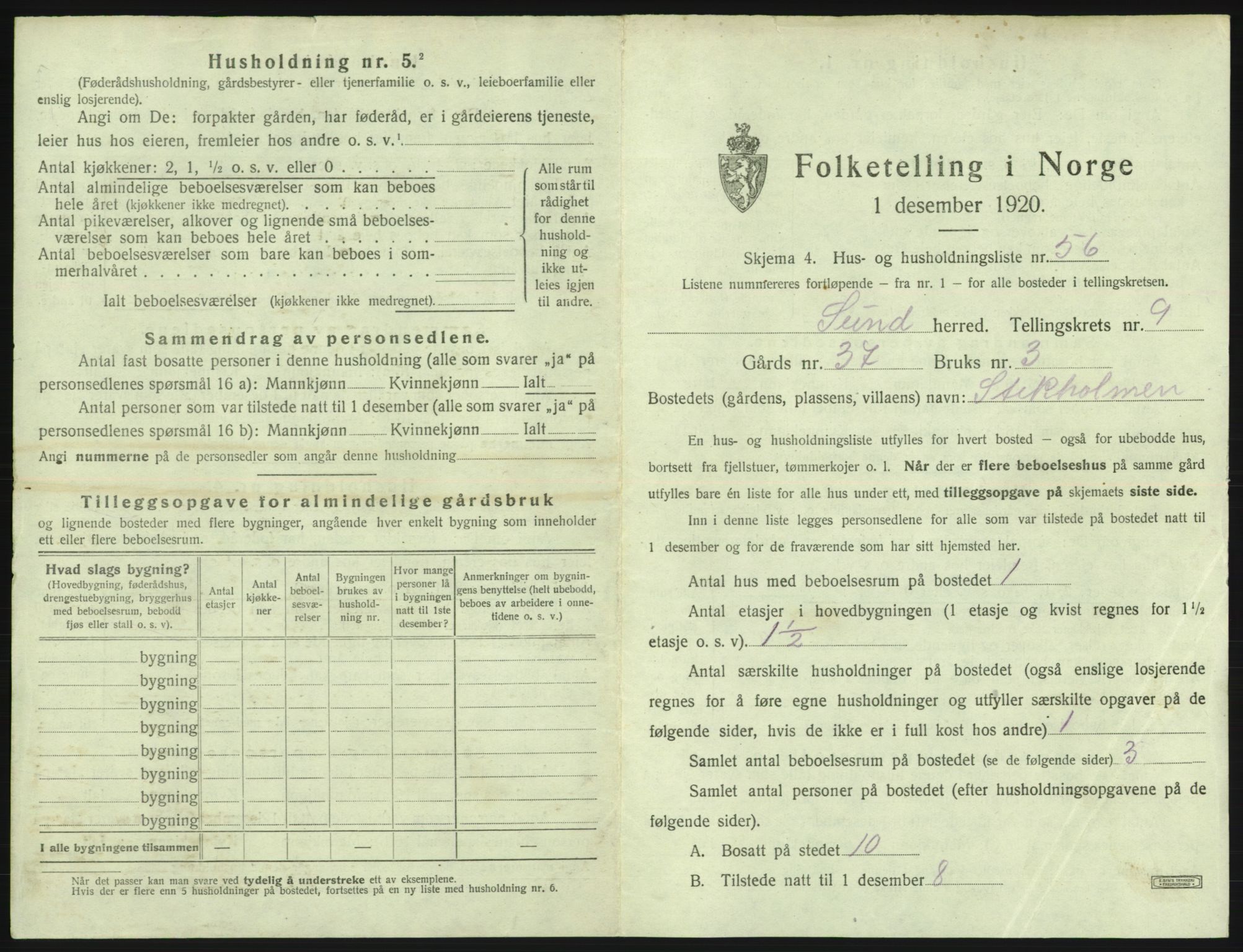 SAB, 1920 census for Sund, 1920, p. 834