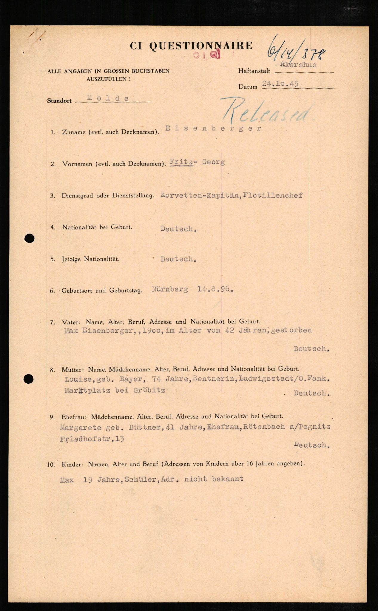 Forsvaret, Forsvarets overkommando II, RA/RAFA-3915/D/Db/L0007: CI Questionaires. Tyske okkupasjonsstyrker i Norge. Tyskere., 1945-1946, p. 124