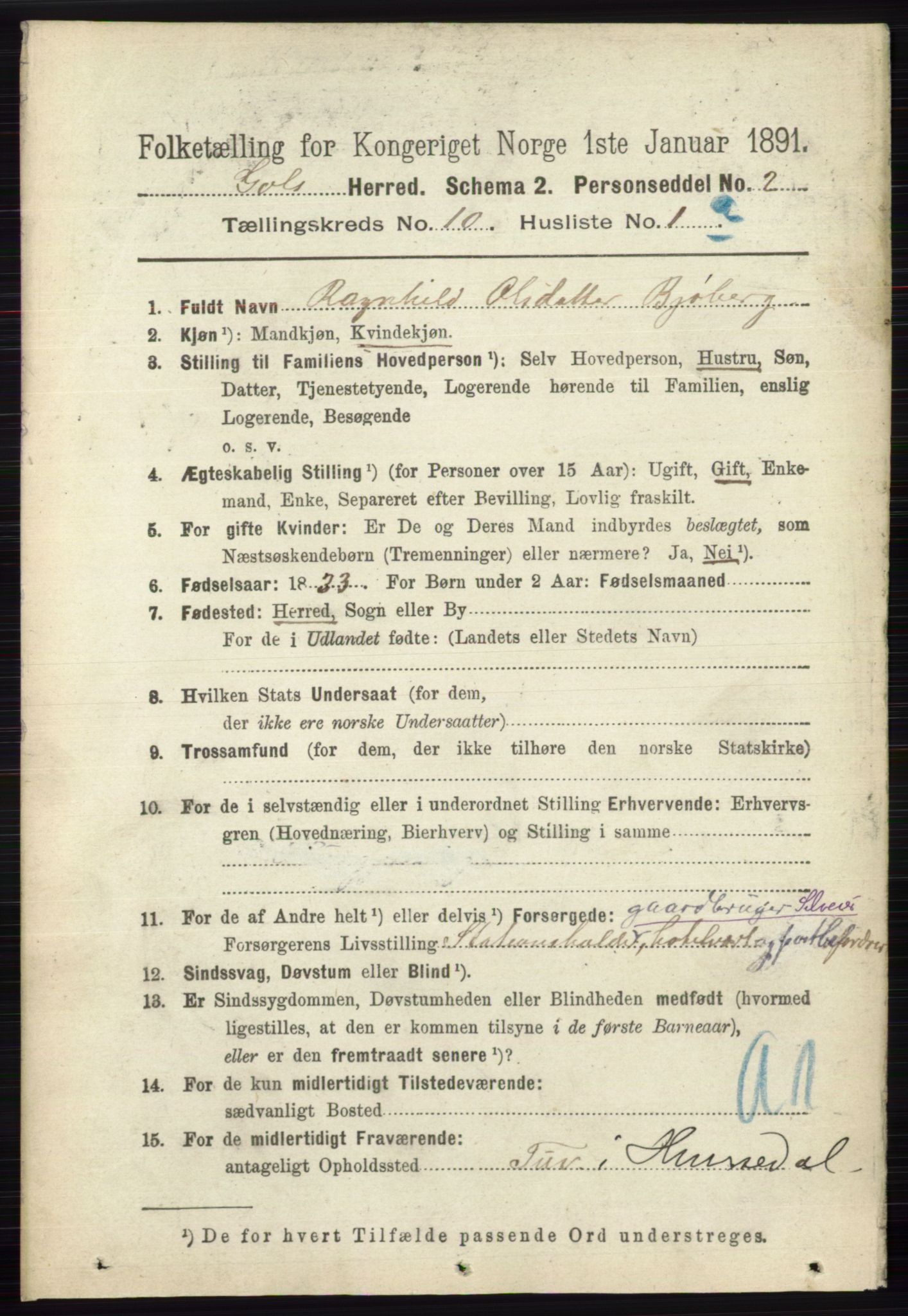 RA, 1891 census for 0617 Gol og Hemsedal, 1891, p. 4030