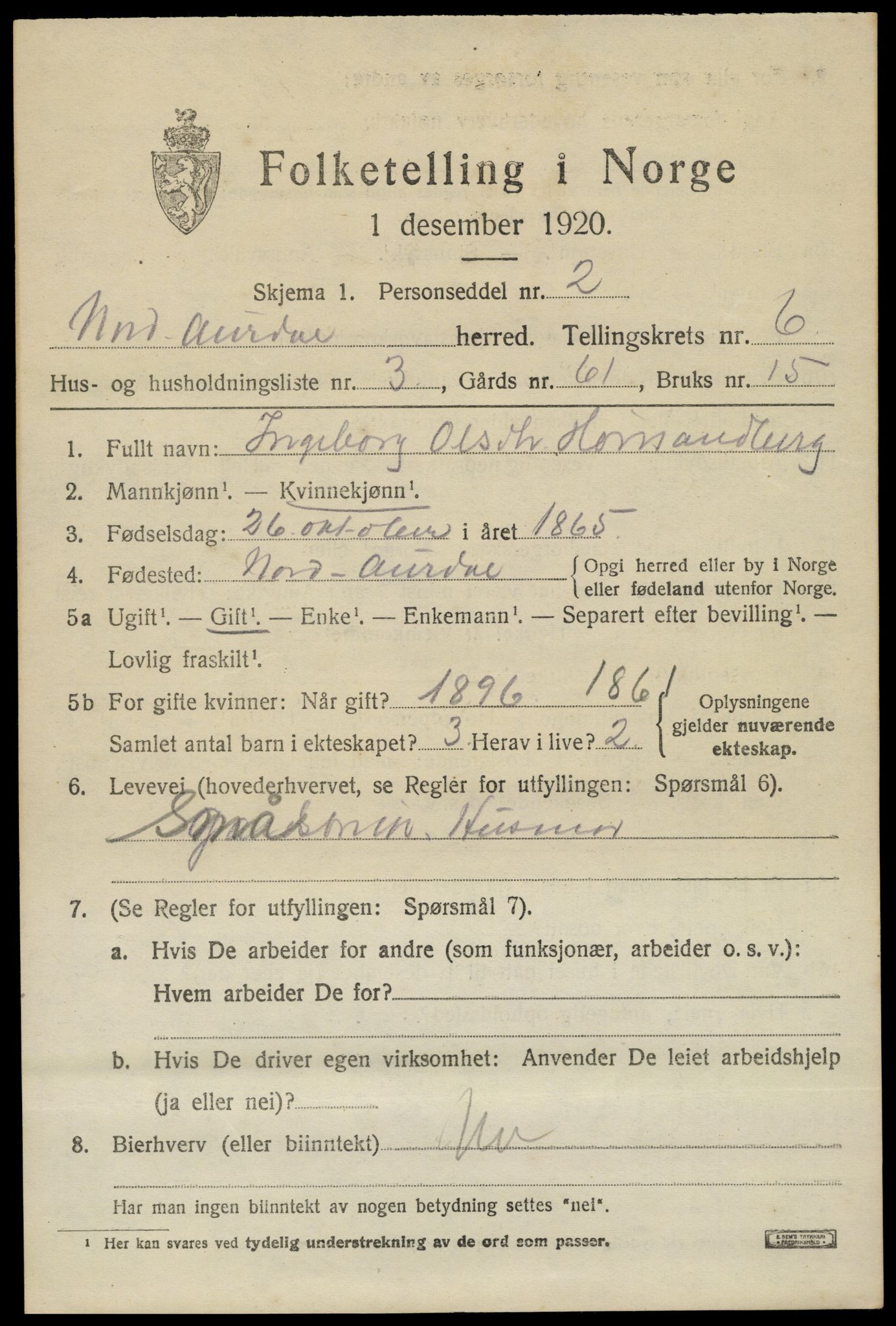 SAH, 1920 census for Nord-Aurdal, 1920, p. 5560