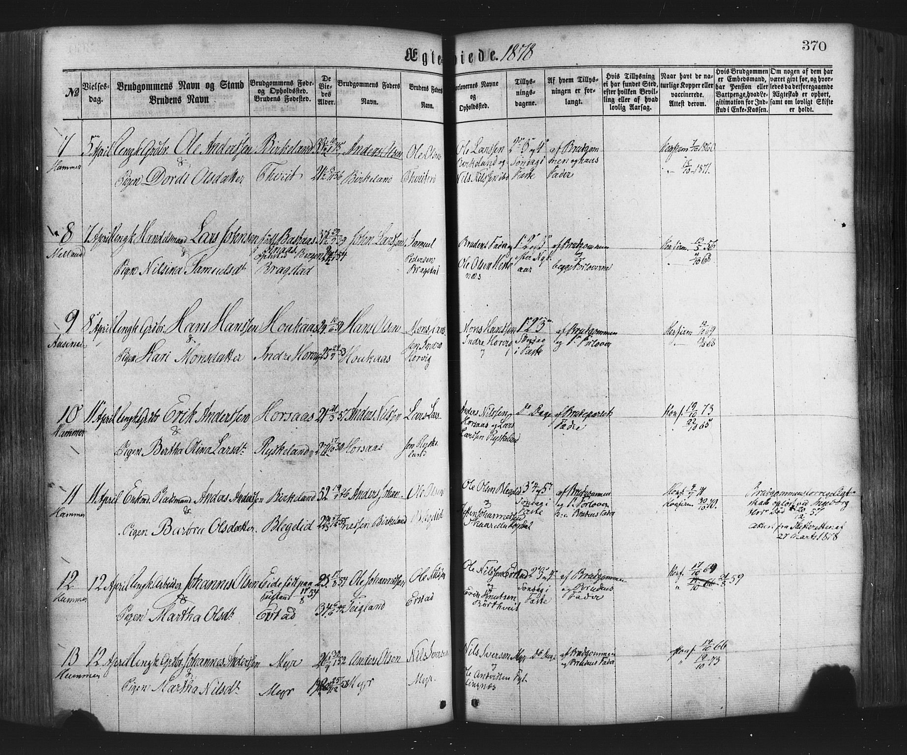 Hamre sokneprestembete, AV/SAB-A-75501/H/Ha/Haa/Haaa/L0015: Parish register (official) no. A 15, 1870-1881, p. 370