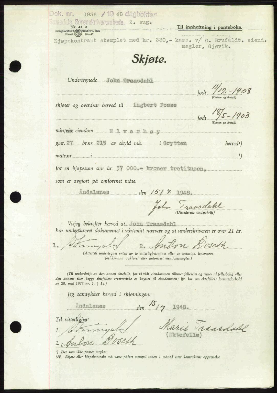 Romsdal sorenskriveri, AV/SAT-A-4149/1/2/2C: Mortgage book no. A26, 1948-1948, Diary no: : 1936/1948