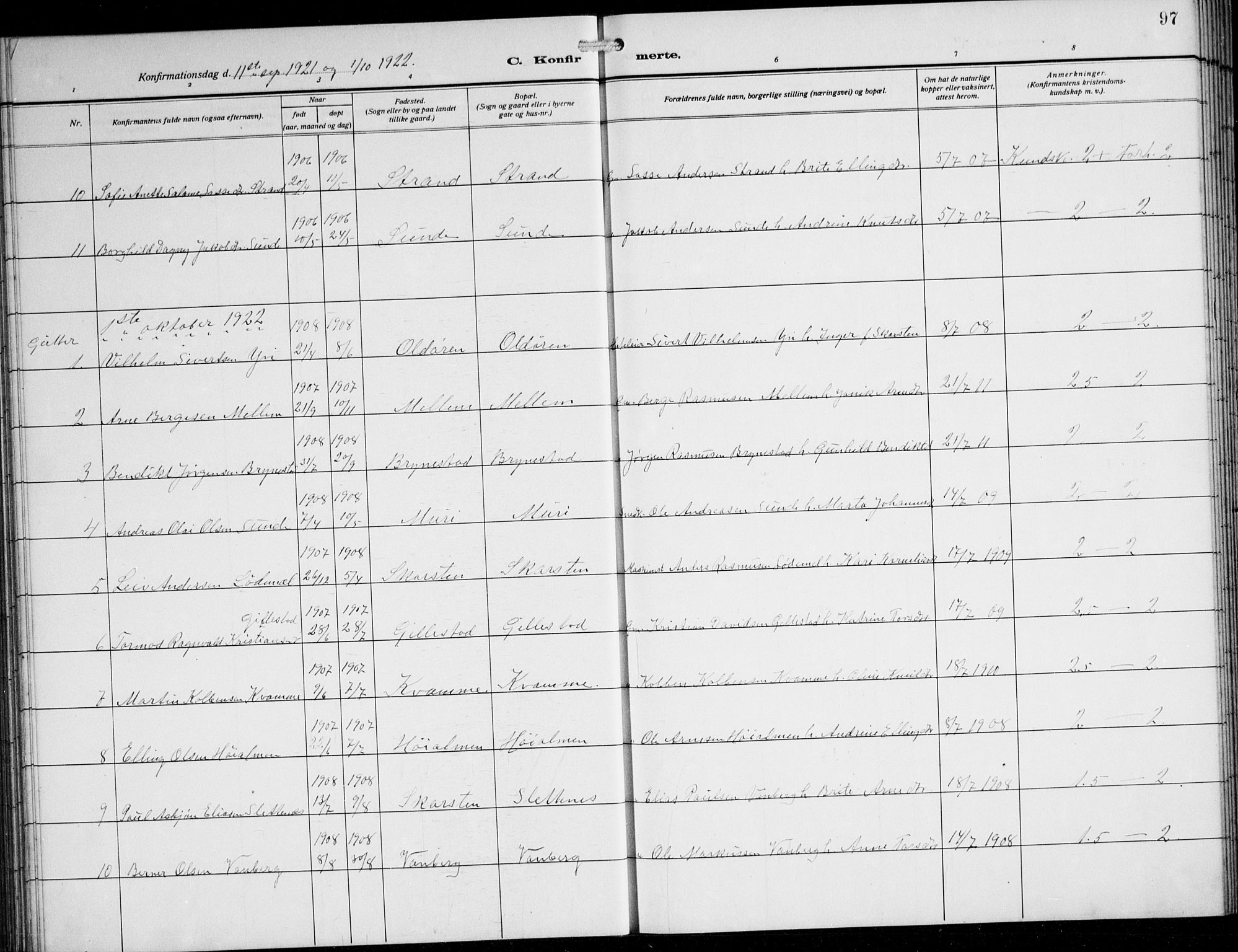 Innvik sokneprestembete, AV/SAB-A-80501: Parish register (copy) no. B 5, 1915-1943, p. 97