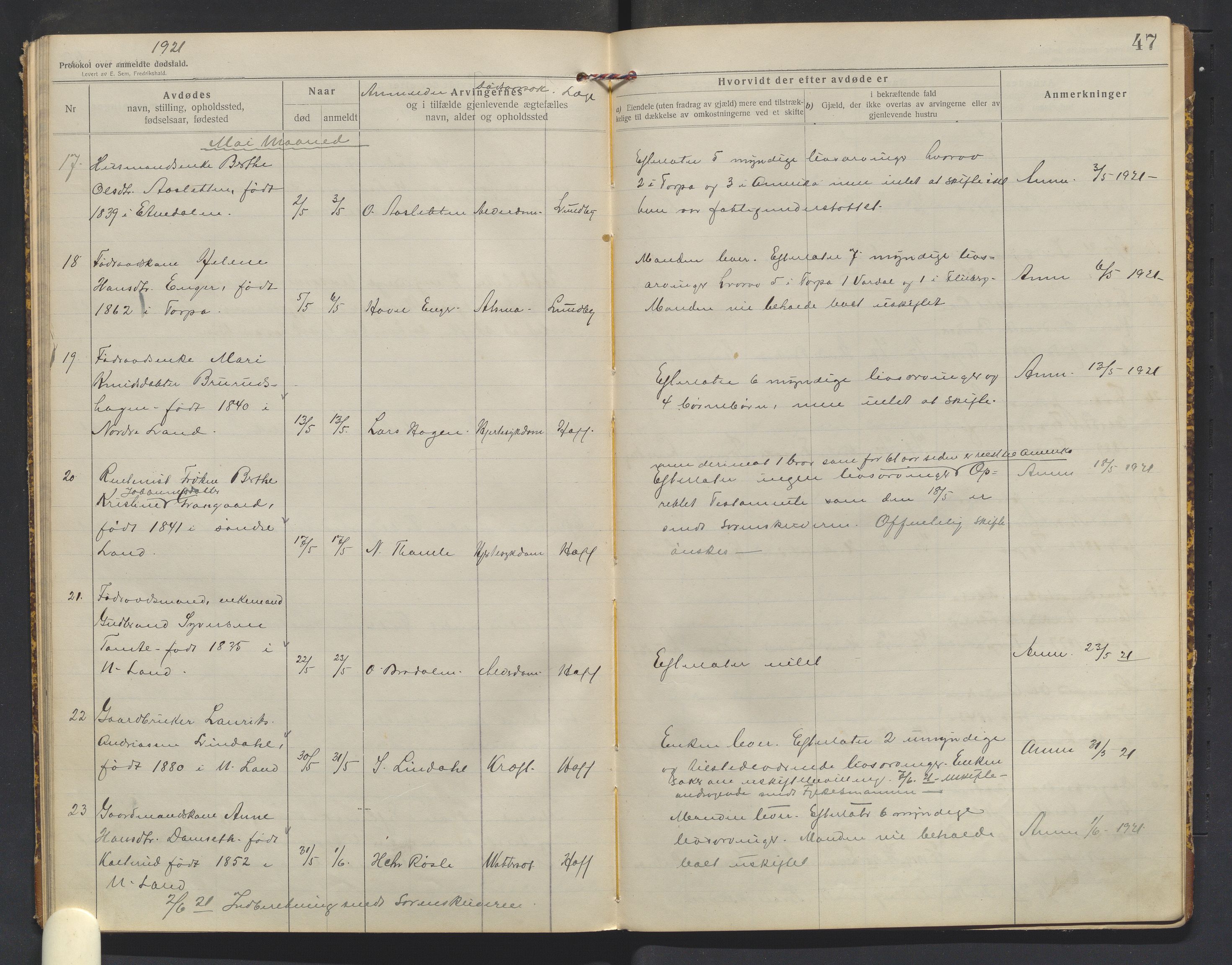 Nordre Land lensmannskontor, AV/SAH-LON-013/H/Ha/Haa/L0001/0003: Dødsfallsprotokoller / Dødsfallsprotokoll, 1916-1921, p. 47