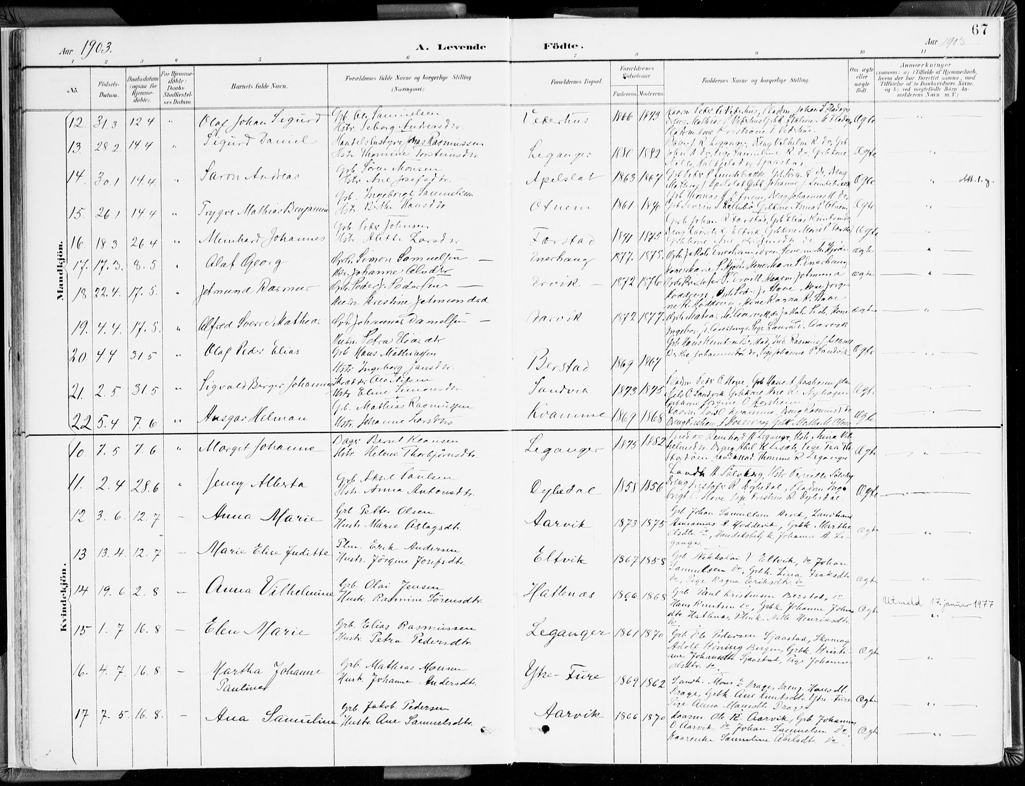 Selje sokneprestembete, AV/SAB-A-99938/H/Ha/Haa/Haab: Parish register (official) no. B 2, 1891-1907, p. 67