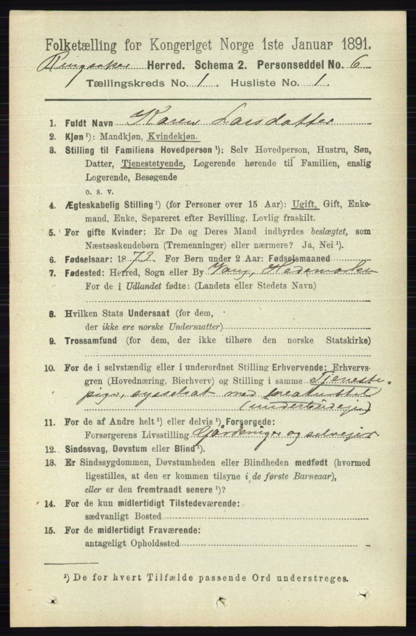 RA, 1891 census for 0412 Ringsaker, 1891, p. 178