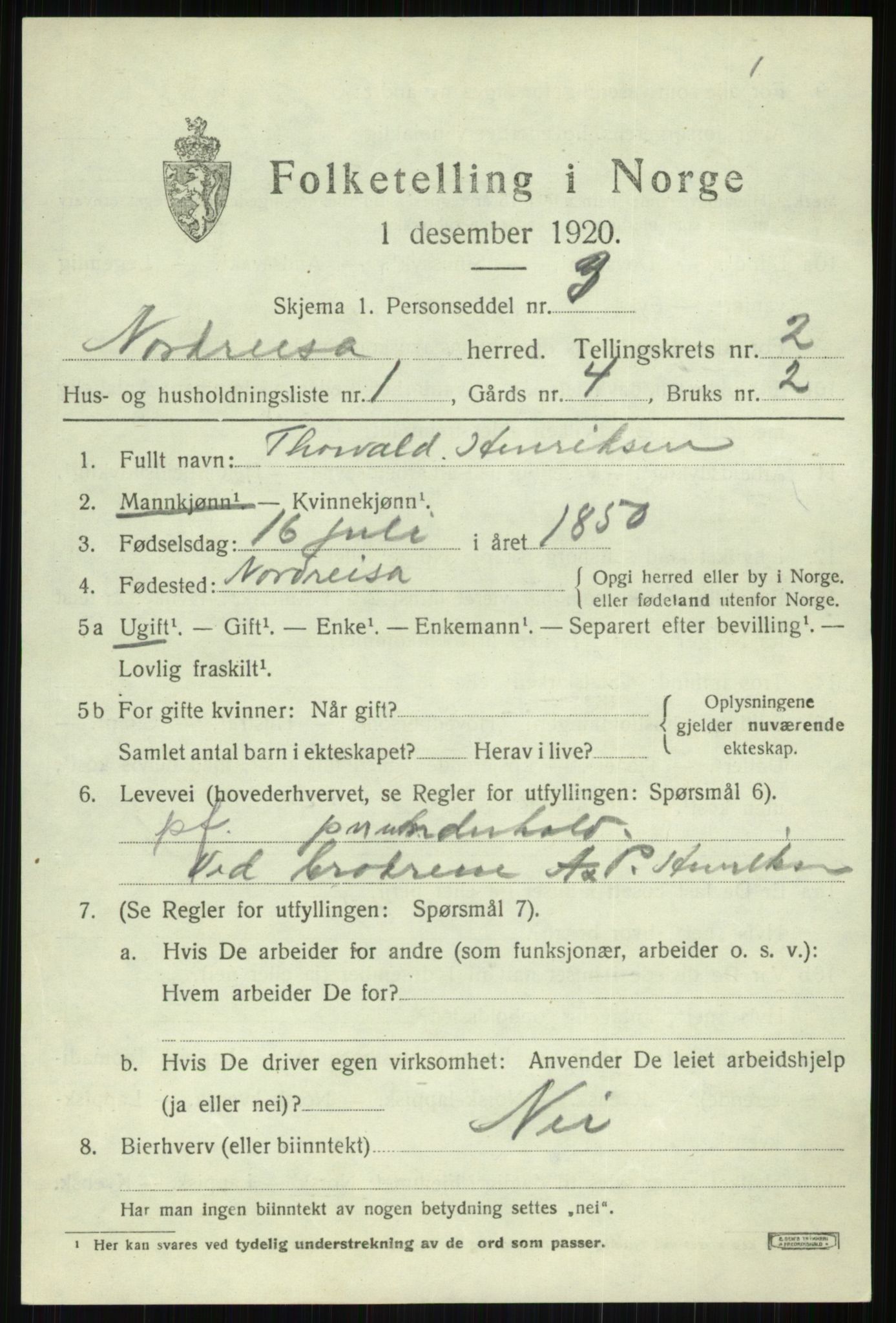 SATØ, 1920 census for Nordreisa, 1920, p. 1001