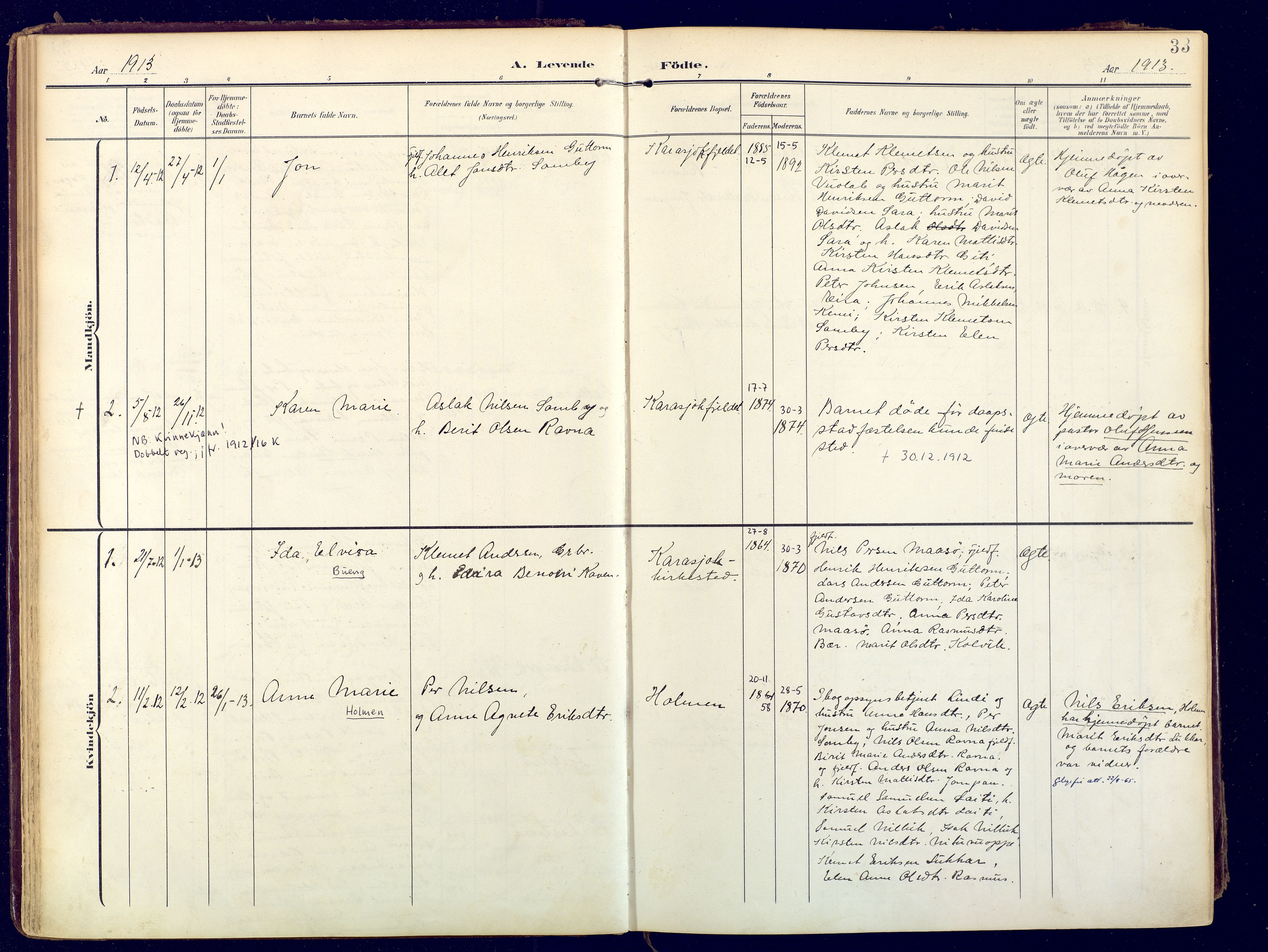 Karasjok sokneprestkontor, AV/SATØ-S-1352/H/Ha: Parish register (official) no. 3, 1907-1926, p. 33