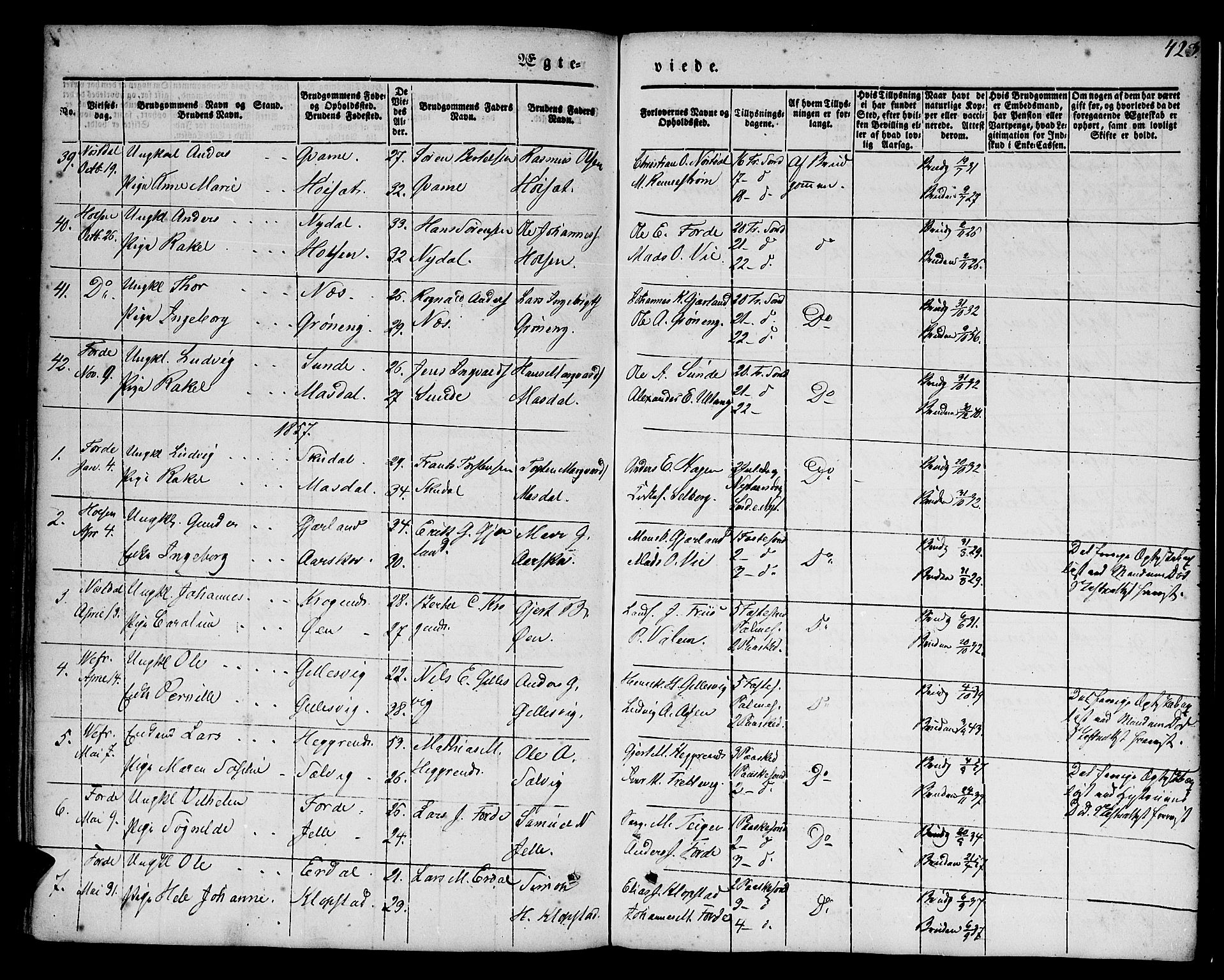 Førde sokneprestembete, AV/SAB-A-79901/H/Haa/Haaa/L0007: Parish register (official) no. A 7, 1843-1860, p. 423