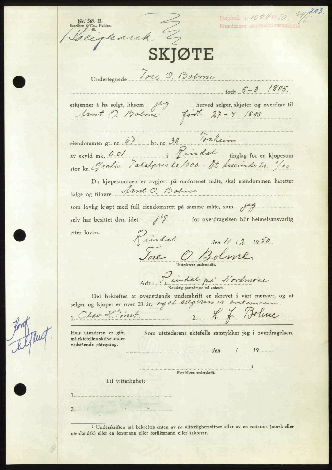 Nordmøre sorenskriveri, AV/SAT-A-4132/1/2/2Ca: Mortgage book no. A115, 1950-1950, Diary no: : 1624/1950