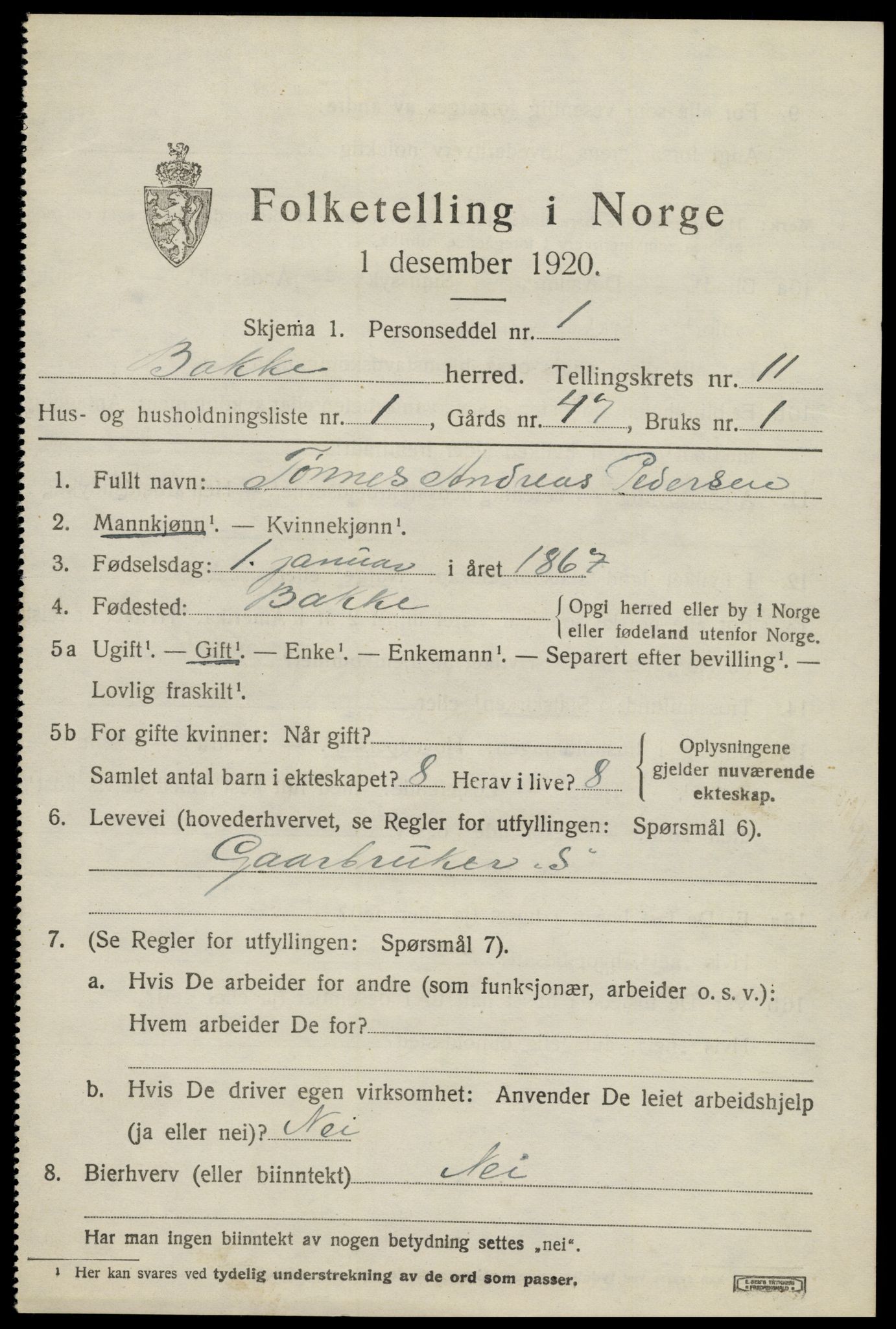 SAK, 1920 census for Bakke, 1920, p. 2826