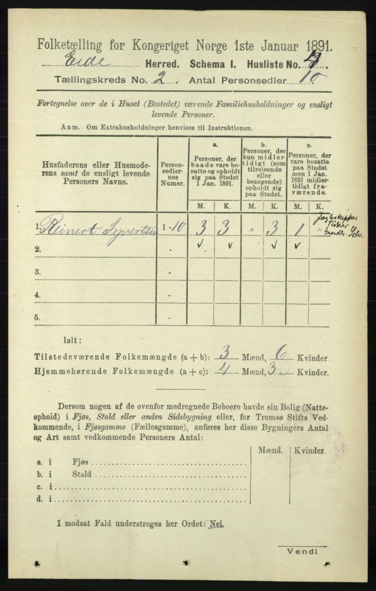 RA, 1891 census for 0925 Eide, 1891, p. 285