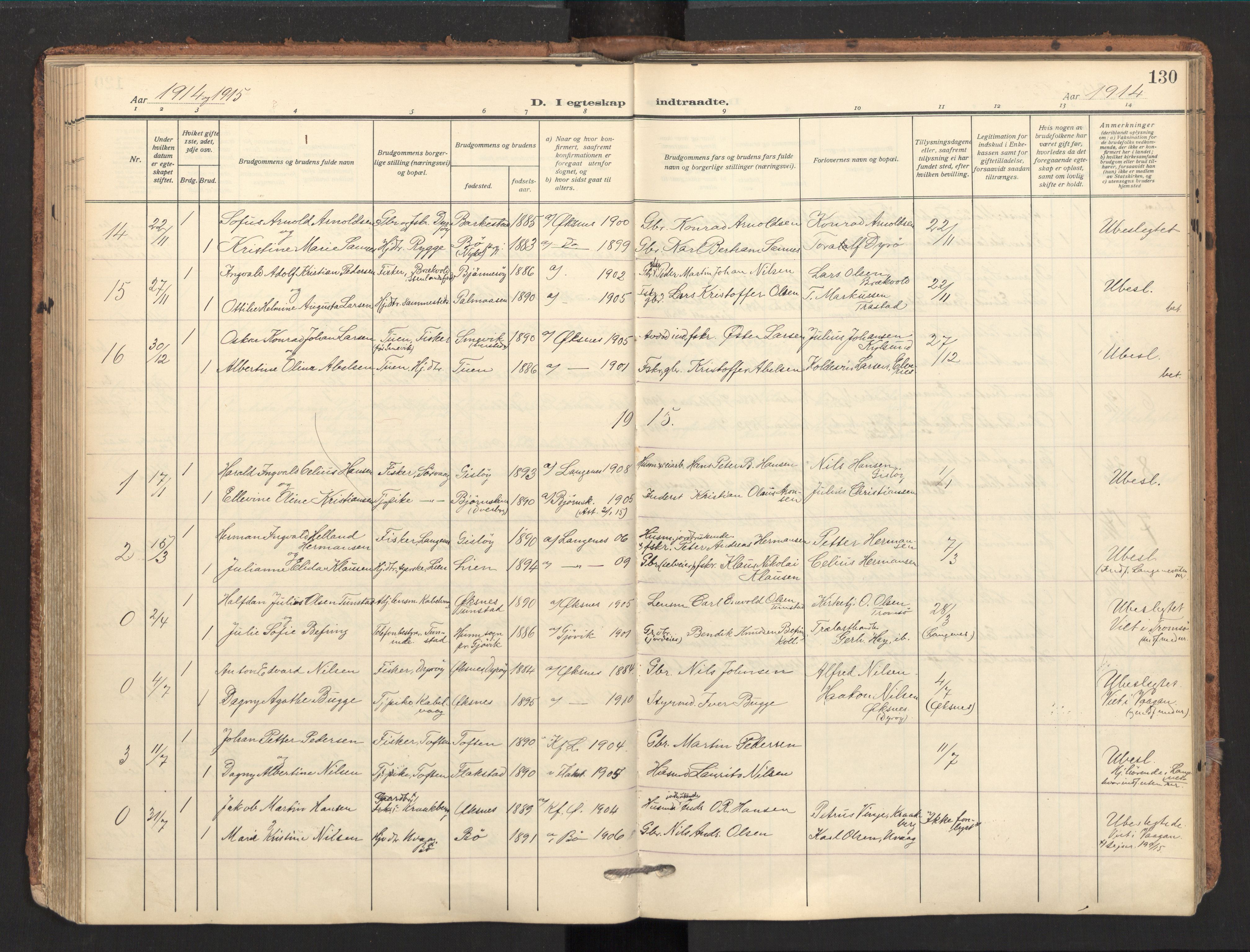 Ministerialprotokoller, klokkerbøker og fødselsregistre - Nordland, SAT/A-1459/893/L1343: Parish register (official) no. 893A15, 1914-1928, p. 130