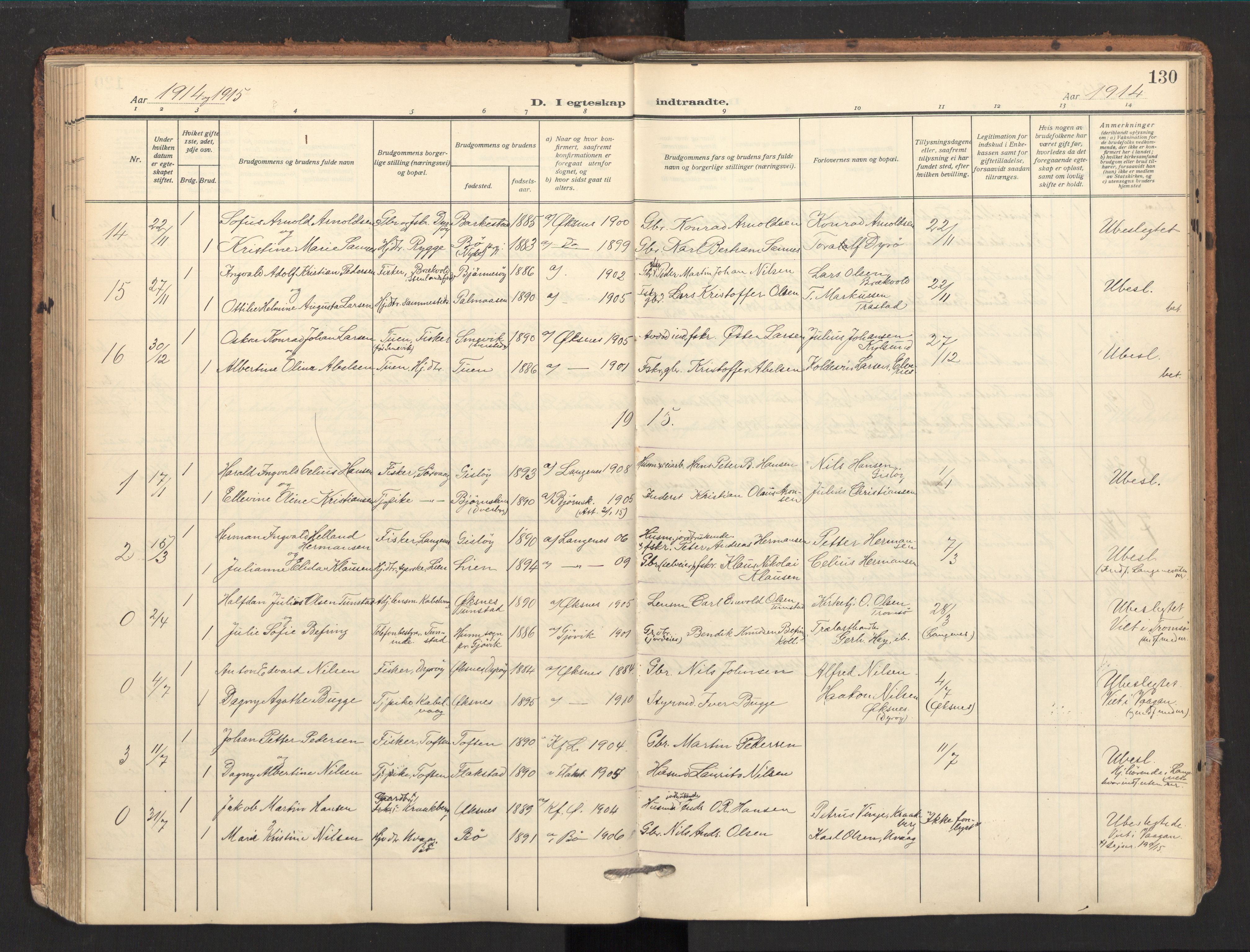 Ministerialprotokoller, klokkerbøker og fødselsregistre - Nordland, AV/SAT-A-1459/893/L1343: Parish register (official) no. 893A15, 1914-1928, p. 130