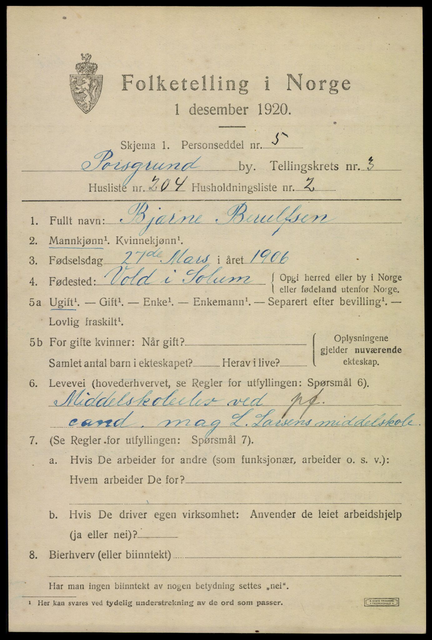 SAKO, 1920 census for Porsgrunn, 1920, p. 16993